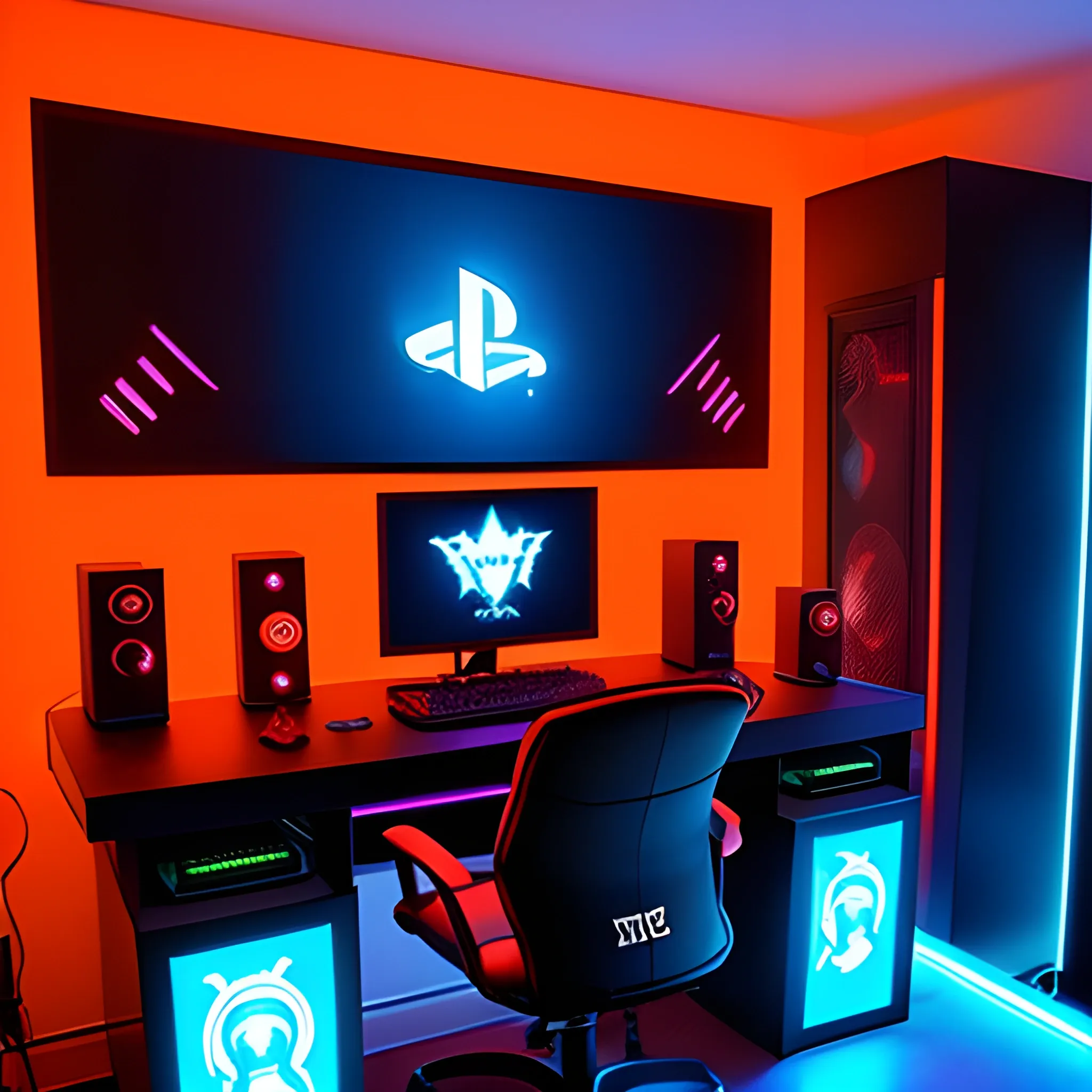 create a gamer room with a writing with a very striking gamer computer and led lights