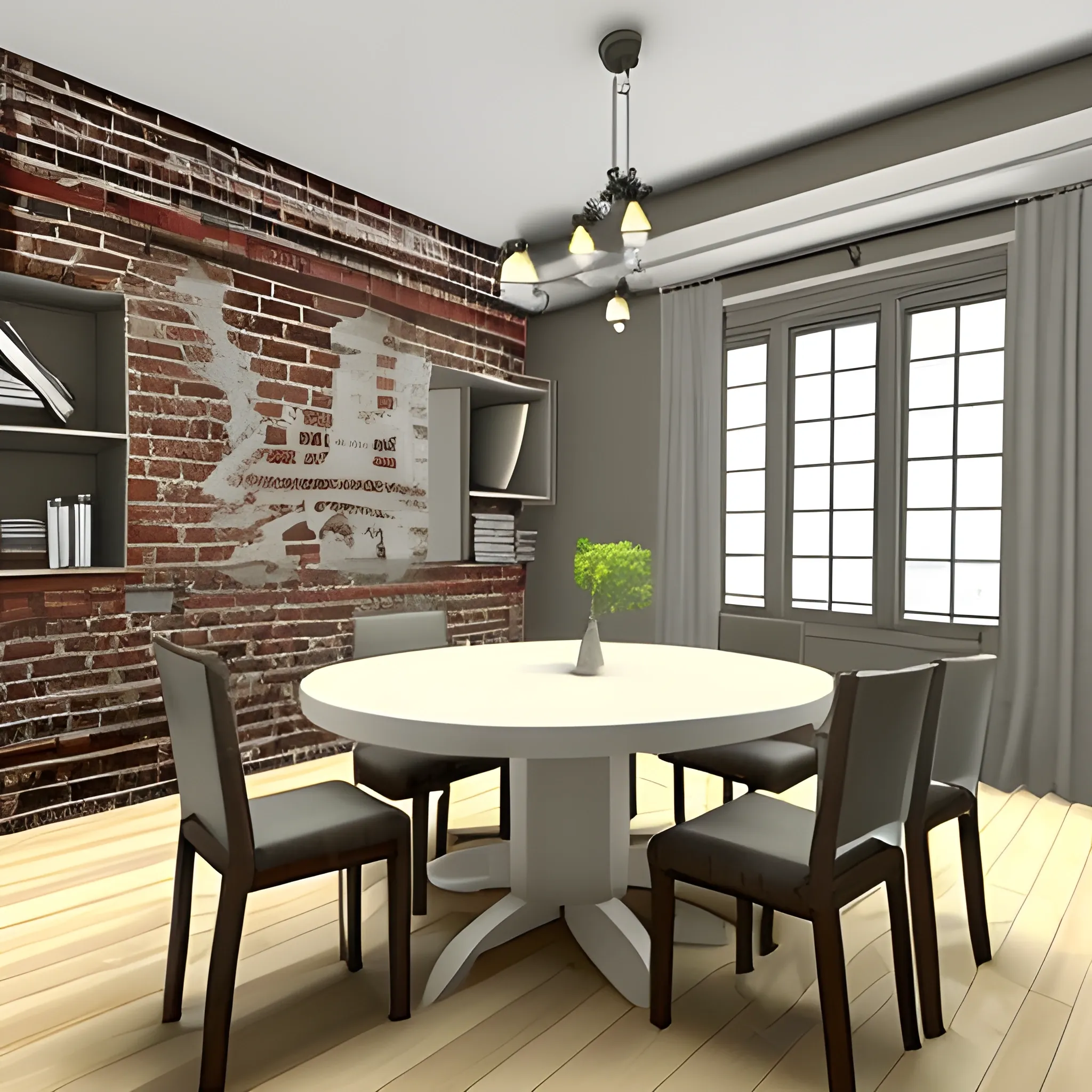 Create an urban type room, with a dining room in the middle of the entire room. The dining room must have 4 chairs., 3D