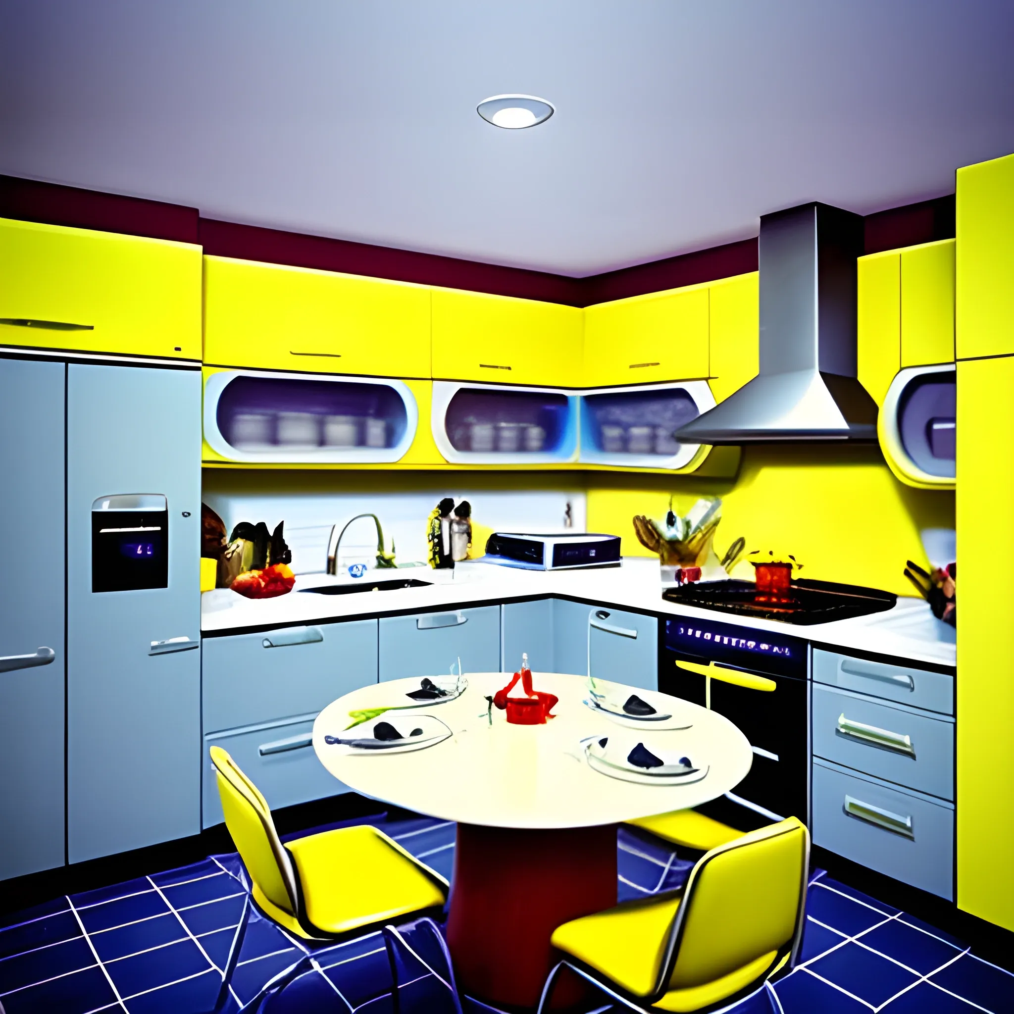 Kitchen, fancy dinner, retro futuristic, 