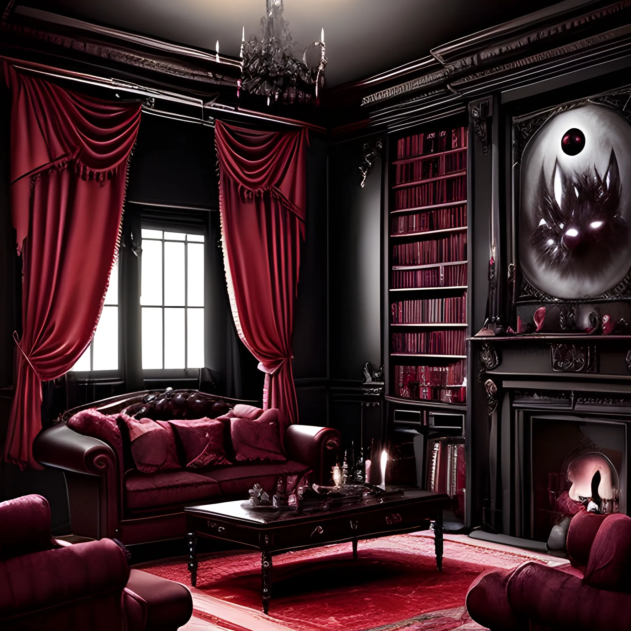 make a living room with dark core style, black and red wine, lik