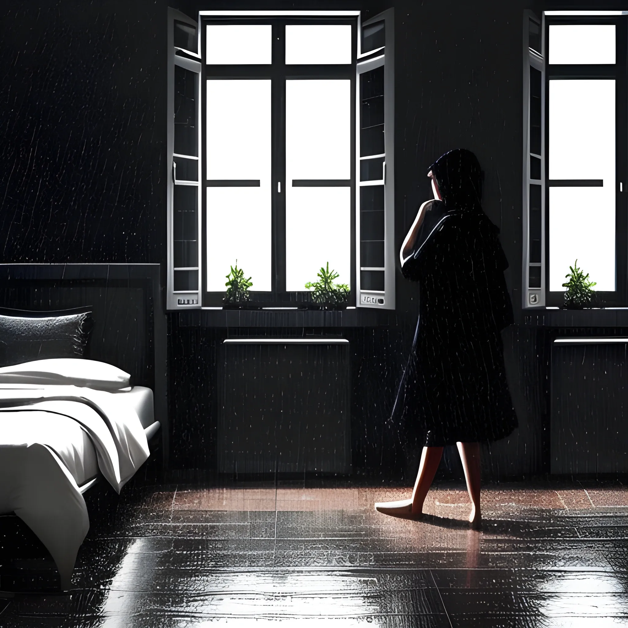 a room whit windows and rain outside, everthing with black colors and a person in the bed 