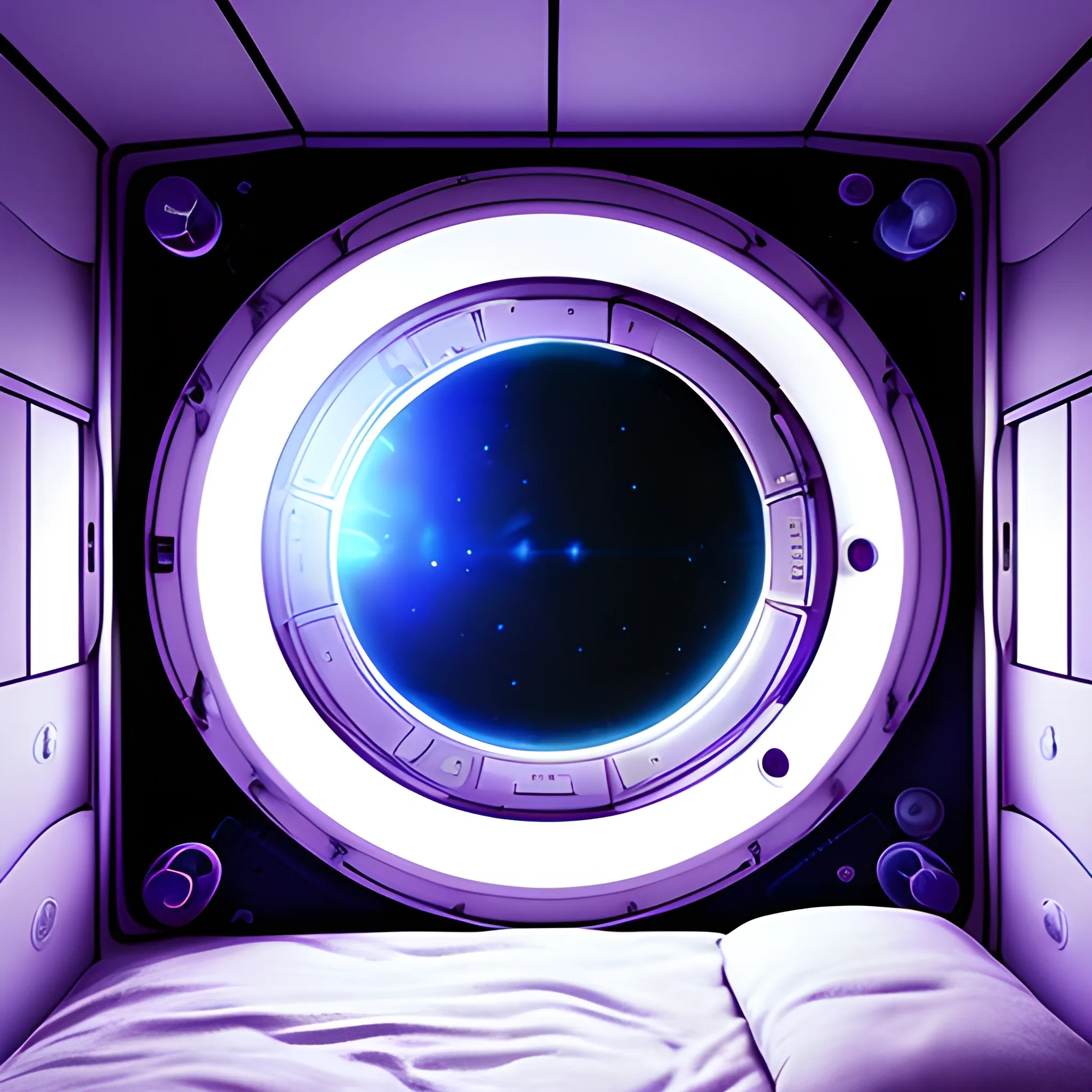 A room in a spaceship, a black hole visible from the window, Trippy, door perspective, bed next to the window