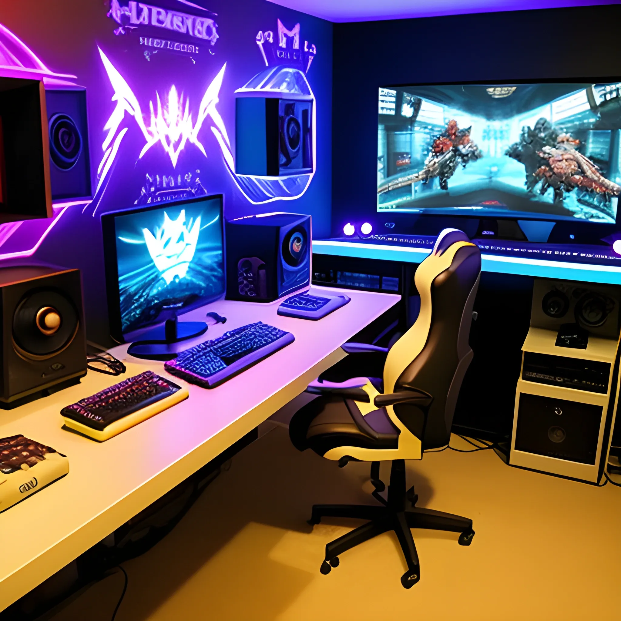 create a gamer room with a writing with a very striking gamer computer and led lights and a bed