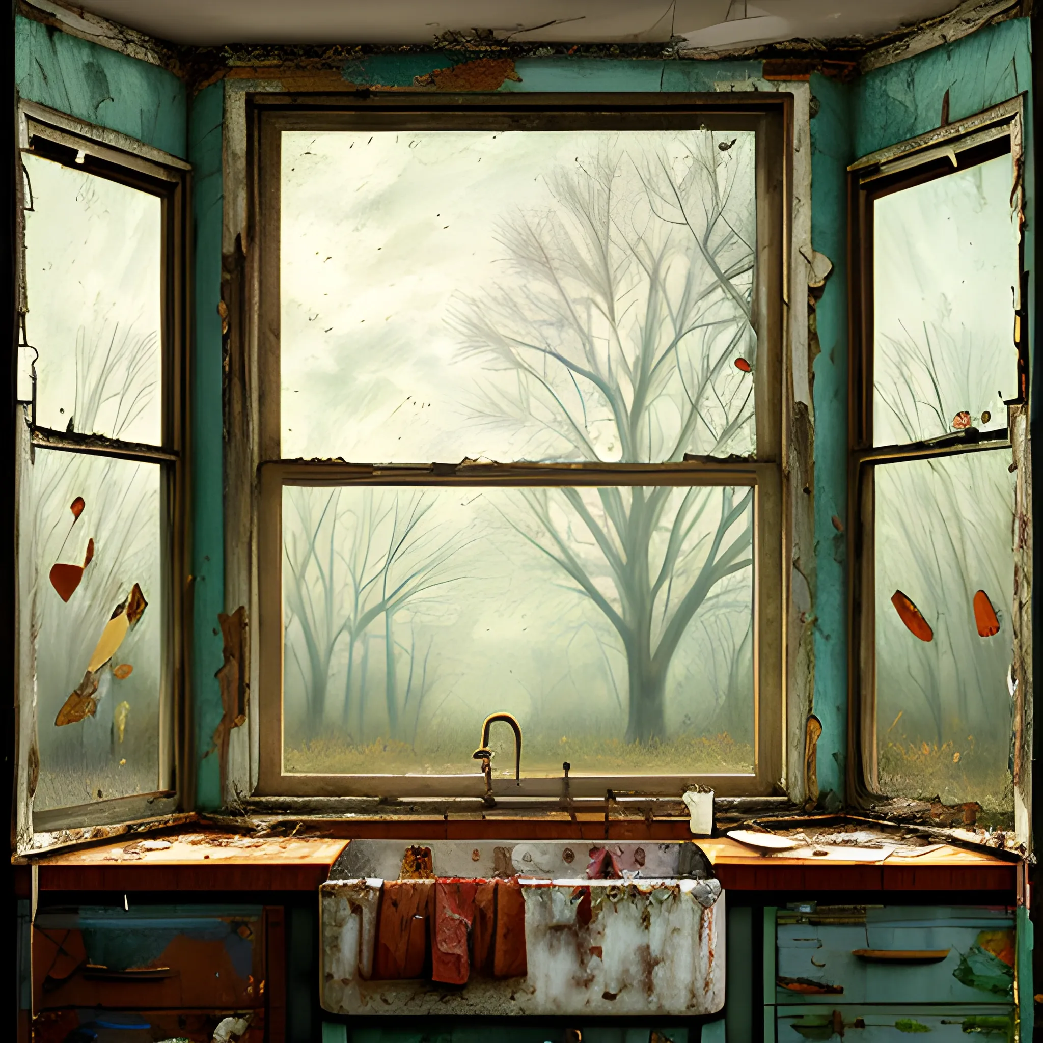 a kitchen, abandoned, consumed by nature, a broken window with a runrise light, Oil Painting, sad mate colors 