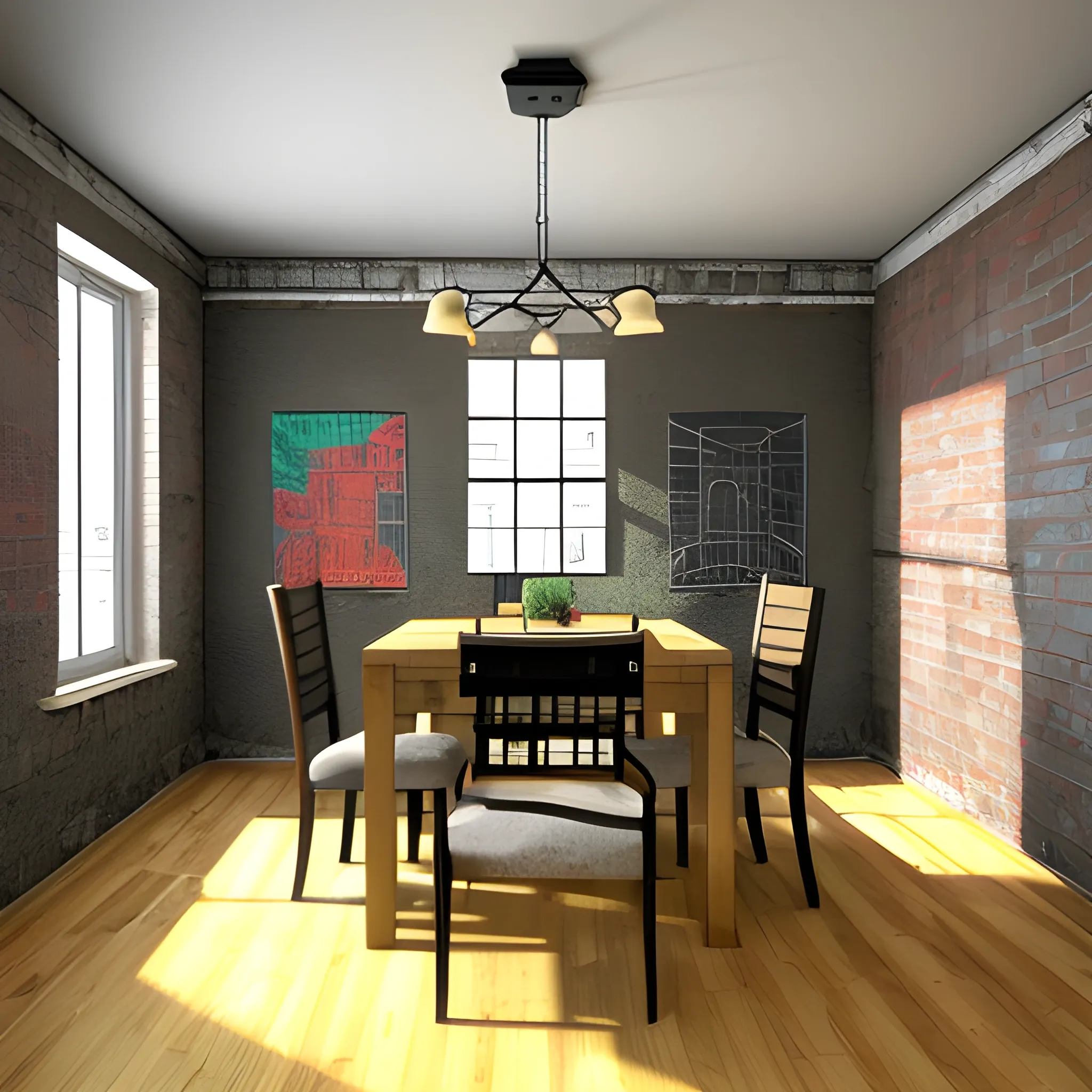 Create an urban type room, with a dining room in the middle of the entire room. The dining room should have 4 chairs, the walls should be striking with artistic paintings hanging from them., 3D