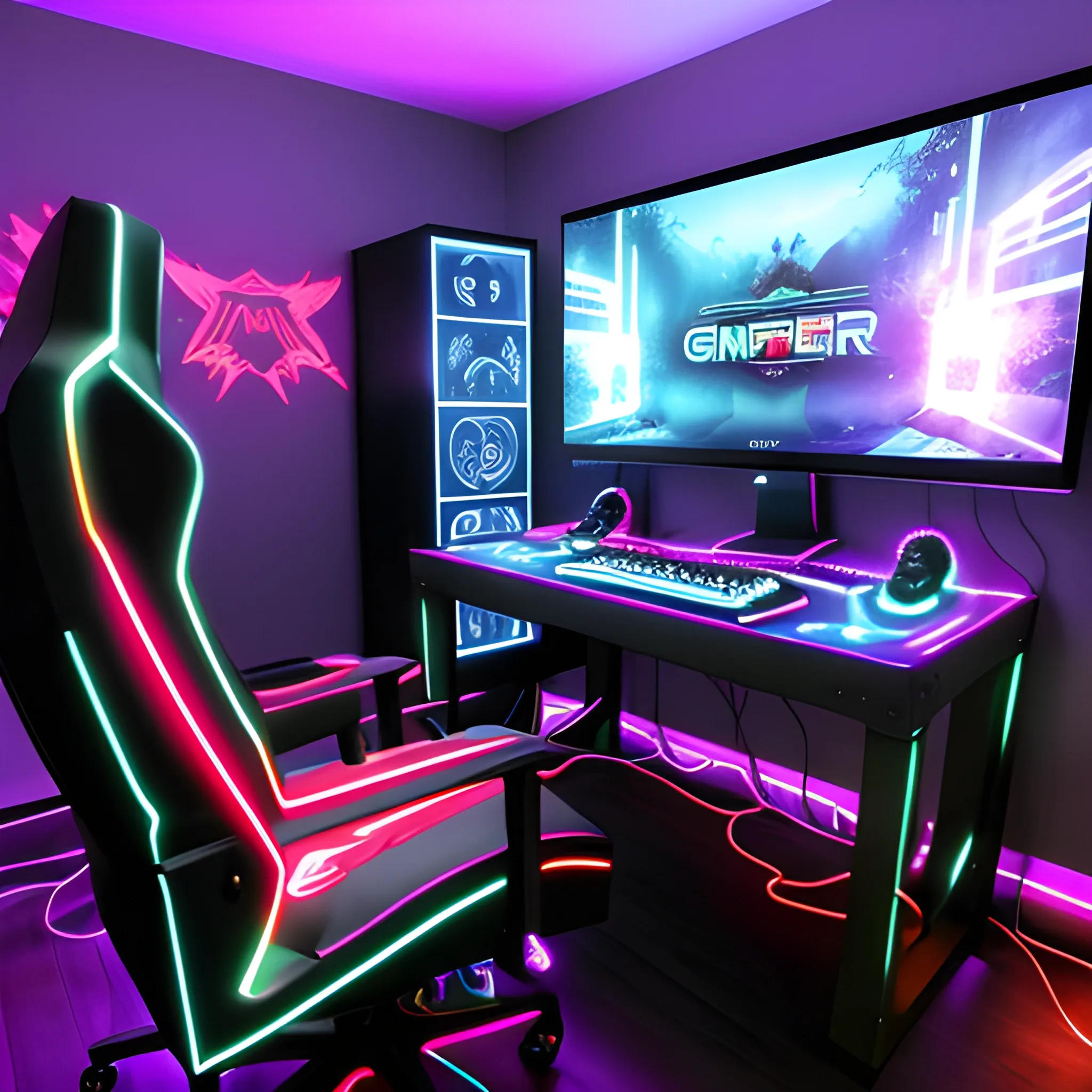 create a gamer room with a writing with a very striking gamer computer and led lights and a bed