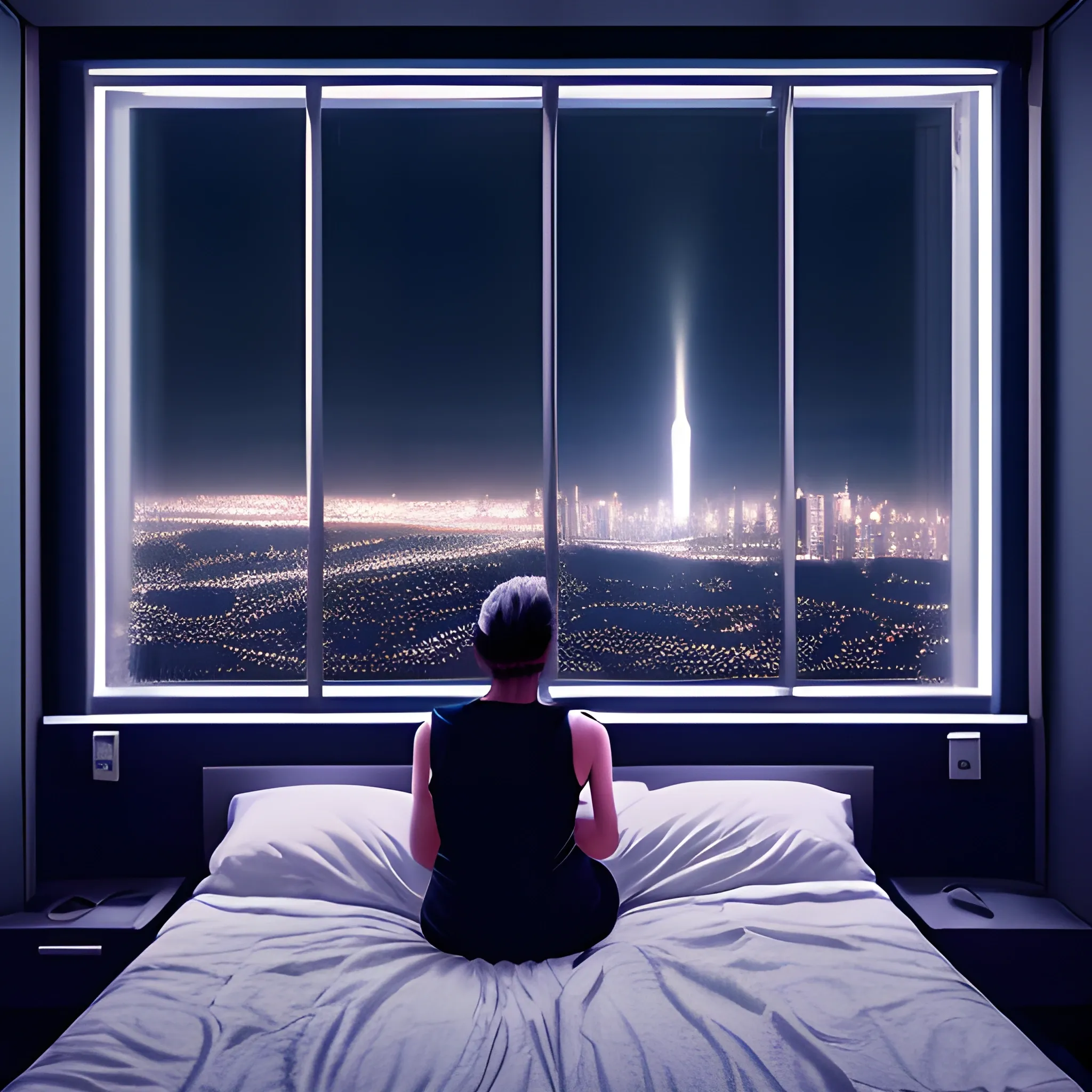 A room in the night, a person sit in the bed, futuristic city visible from the window, cinematographic, dark iluminatión 