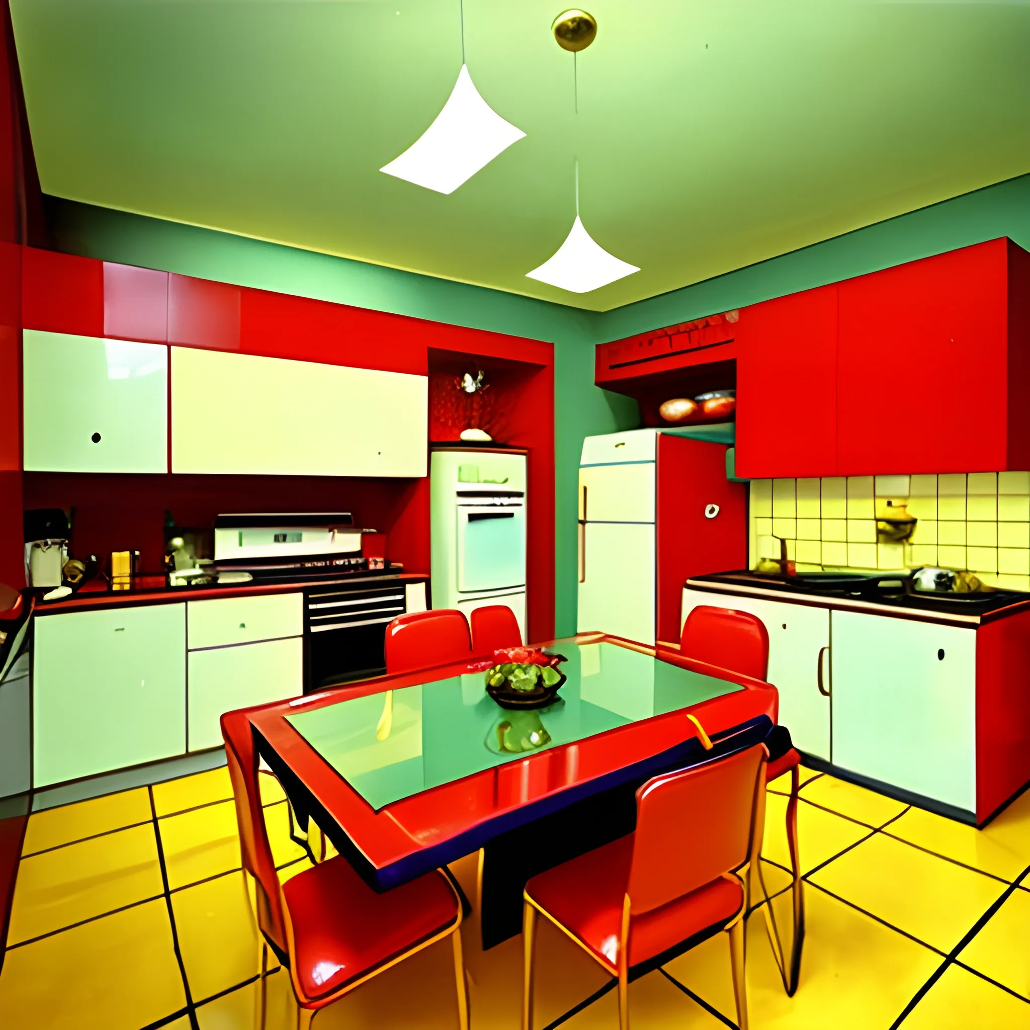 Kitchen, fancy dinner, retro futuristic, 