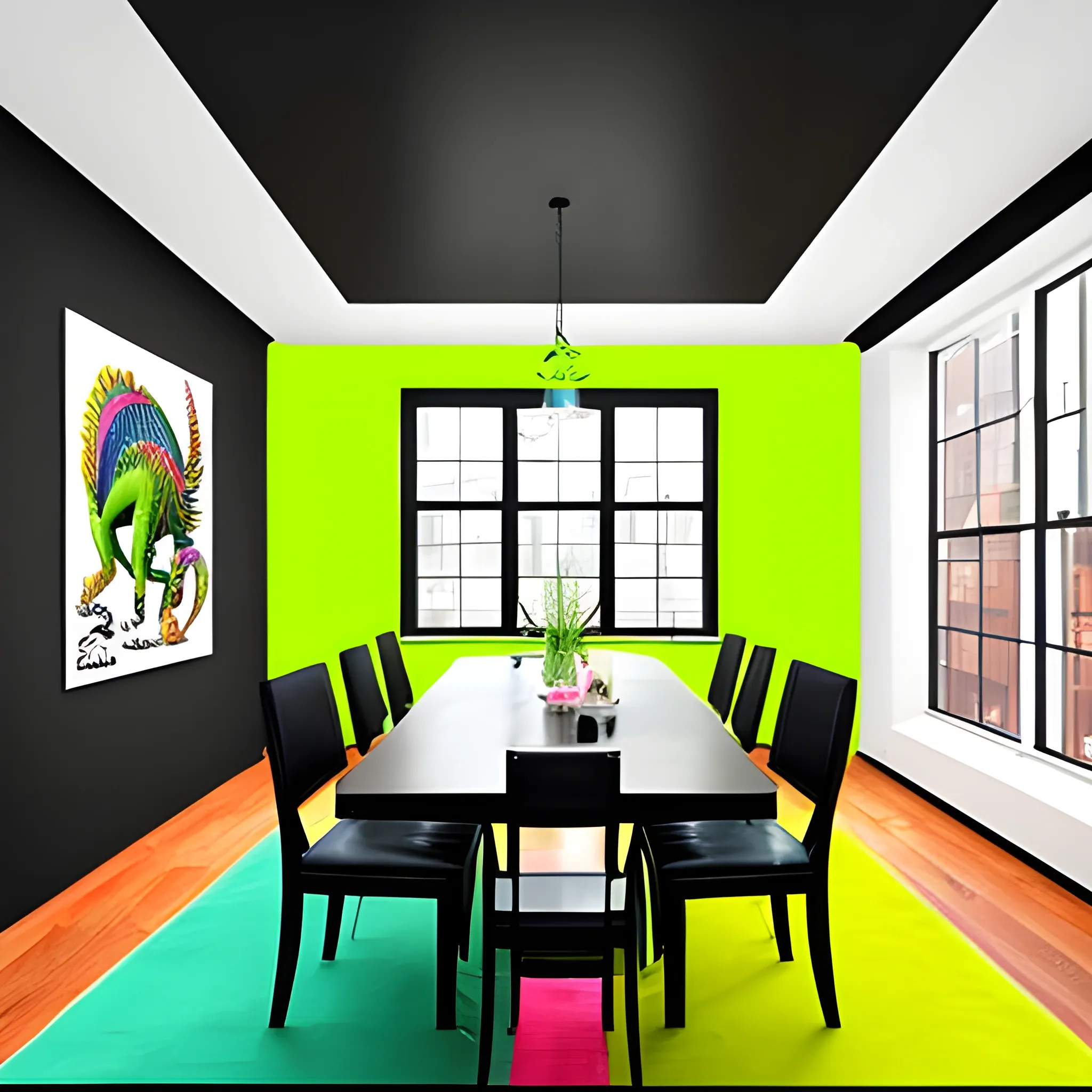 Create an urban type room, with a dining room in the middle of the entire room. The dining room should have 4 chairs, the walls should be striking in neon colors with artistic paintings hanging from them, outside the windows you have to see a dinosaur.