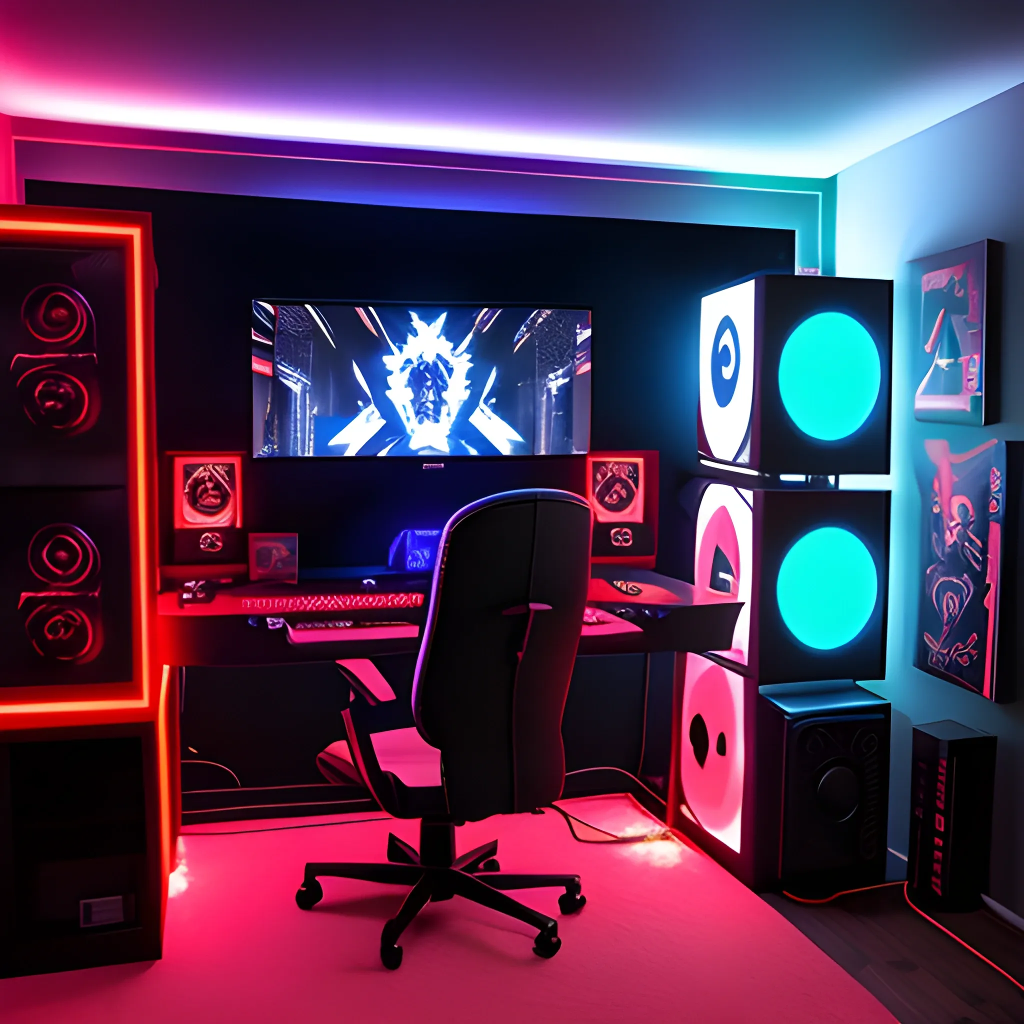 create a gamer room with a writing with a very striking gamer computer and led lights and a bed