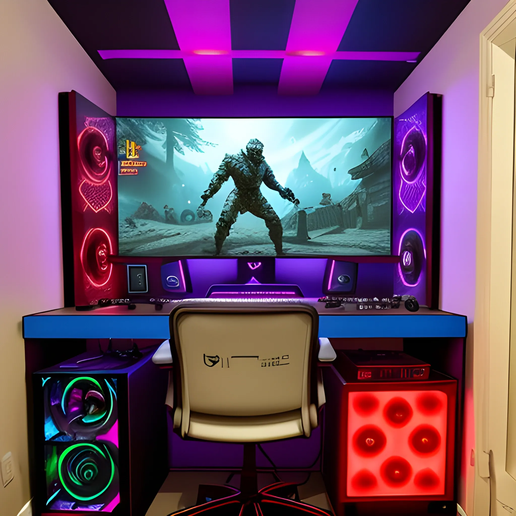 create a gamer room with a writing with a very striking gamer computer and led lights and a bed