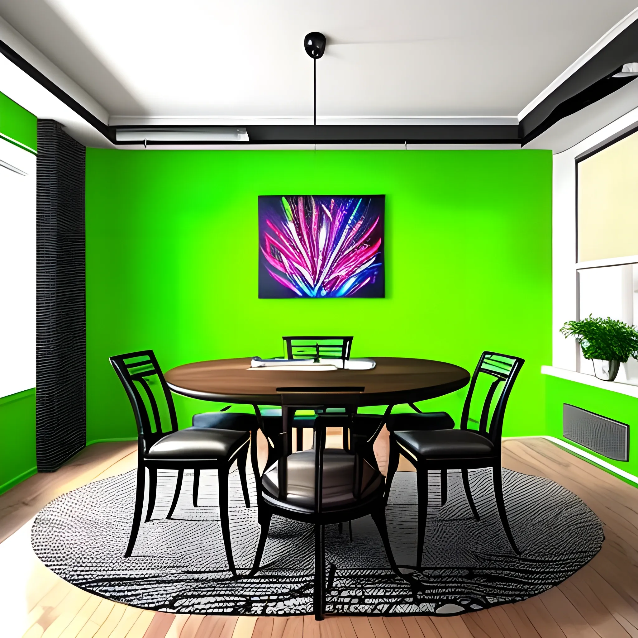 Create an urban-type room, with a dining room in the middle of the entire room. The dining room should have 4 chairs, the walls should be bright neon colors with artistic paintings hanging on them, on top of the table there should be a small toy dinosaur smoking weed.