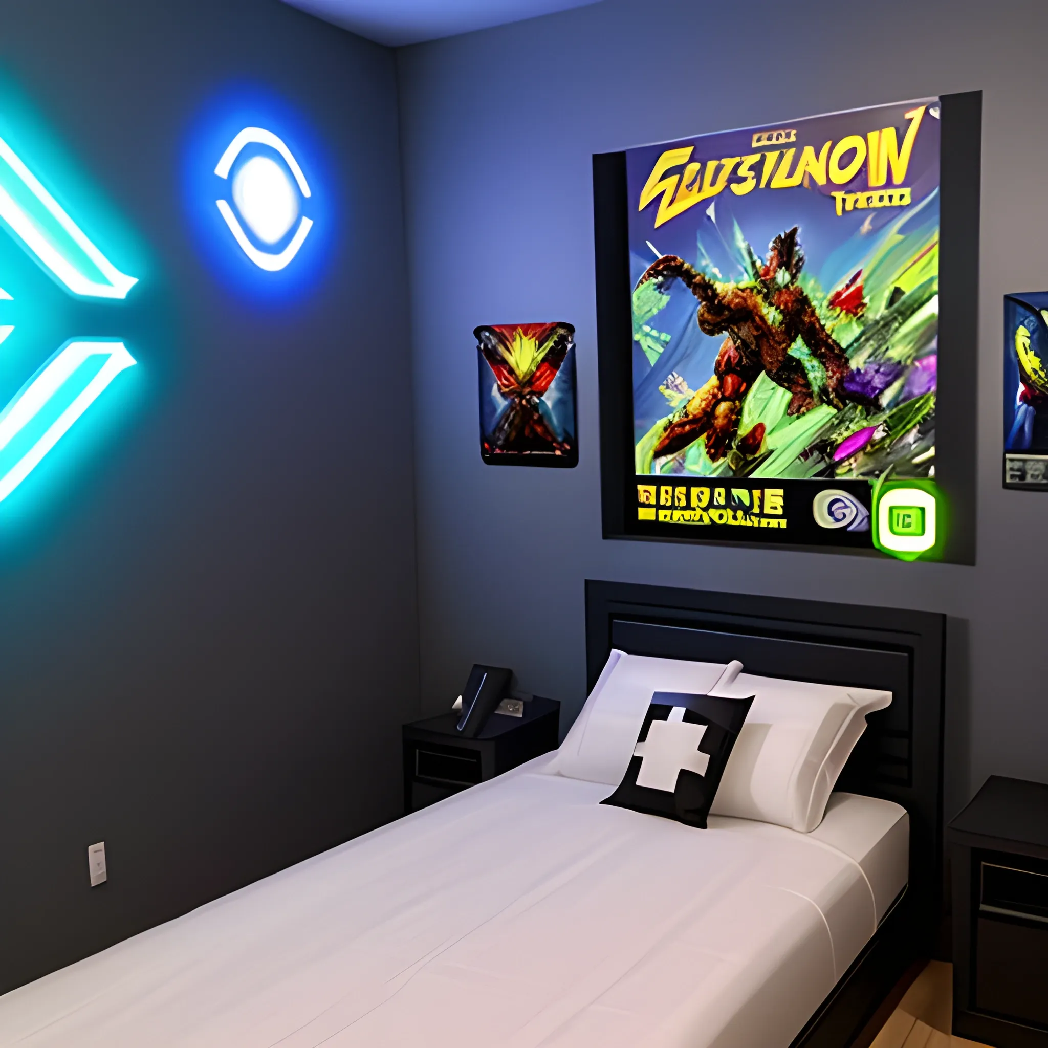 habitación gamer futurista, iluminacion led, aparatos de realid 