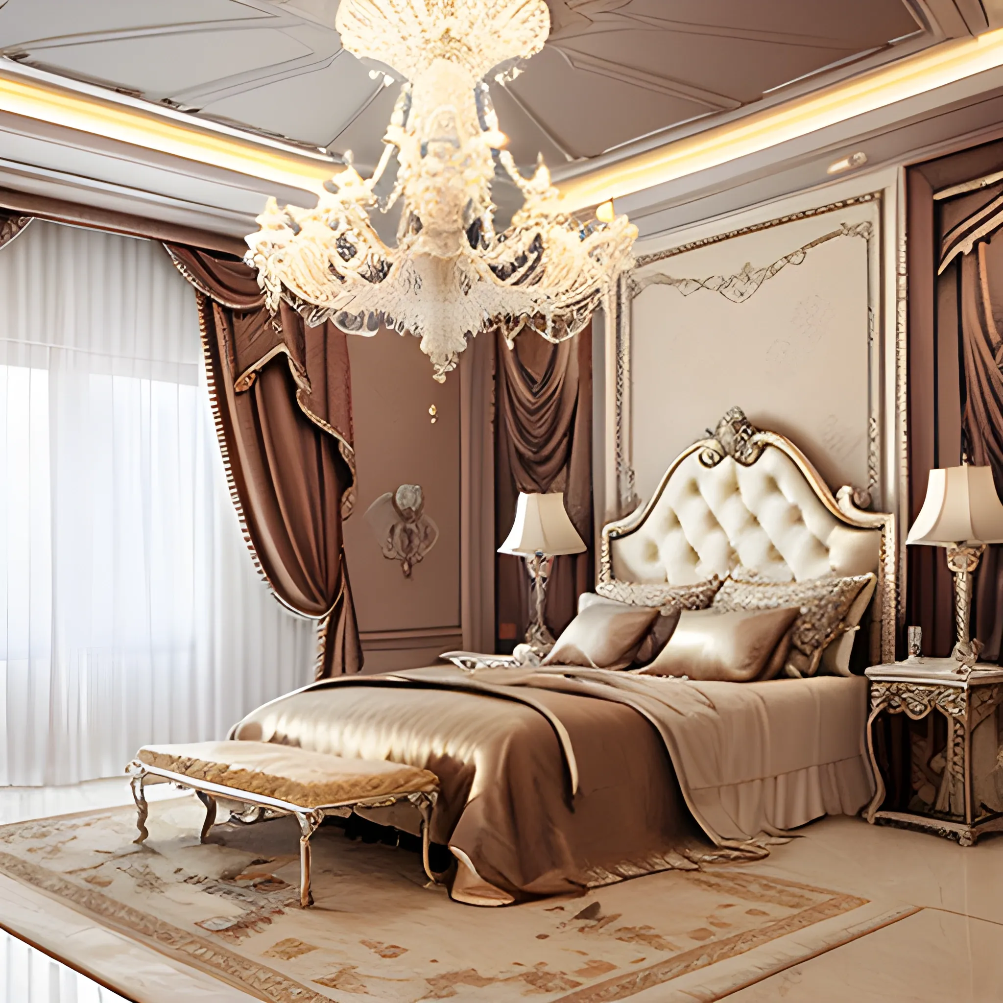 , 3D, bedroom, elegant, chandelier, realistic 