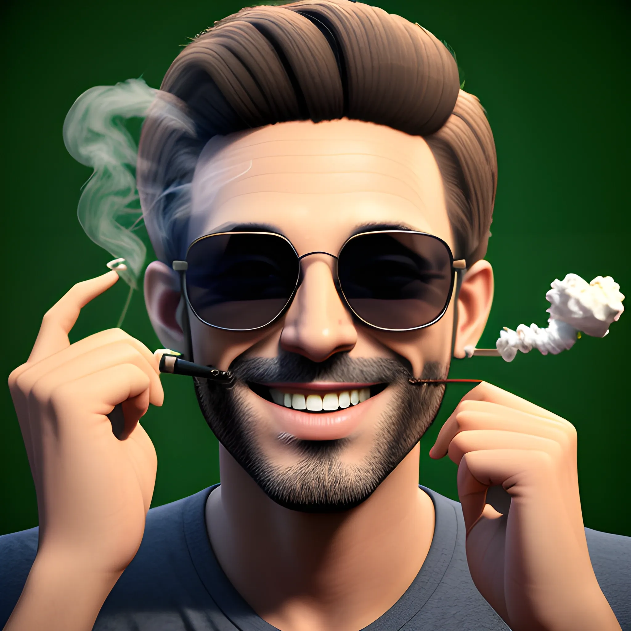 smiling man smoking marijuana, 3D, 3D, sunglasses, 4k, realistic