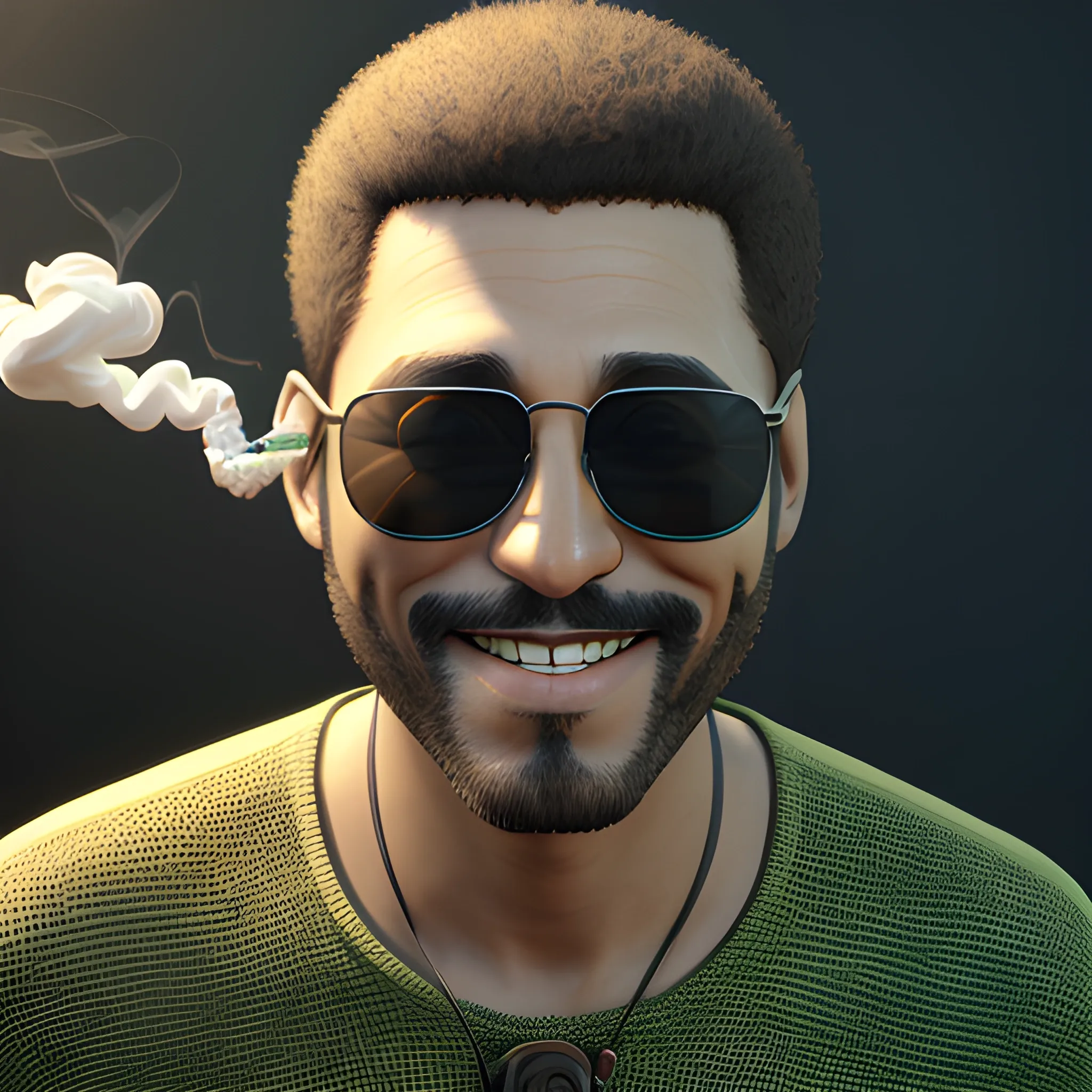 smiling man, smoking marijuana, 3D, sunglasses, 4k, realistic, unreal engine, weed