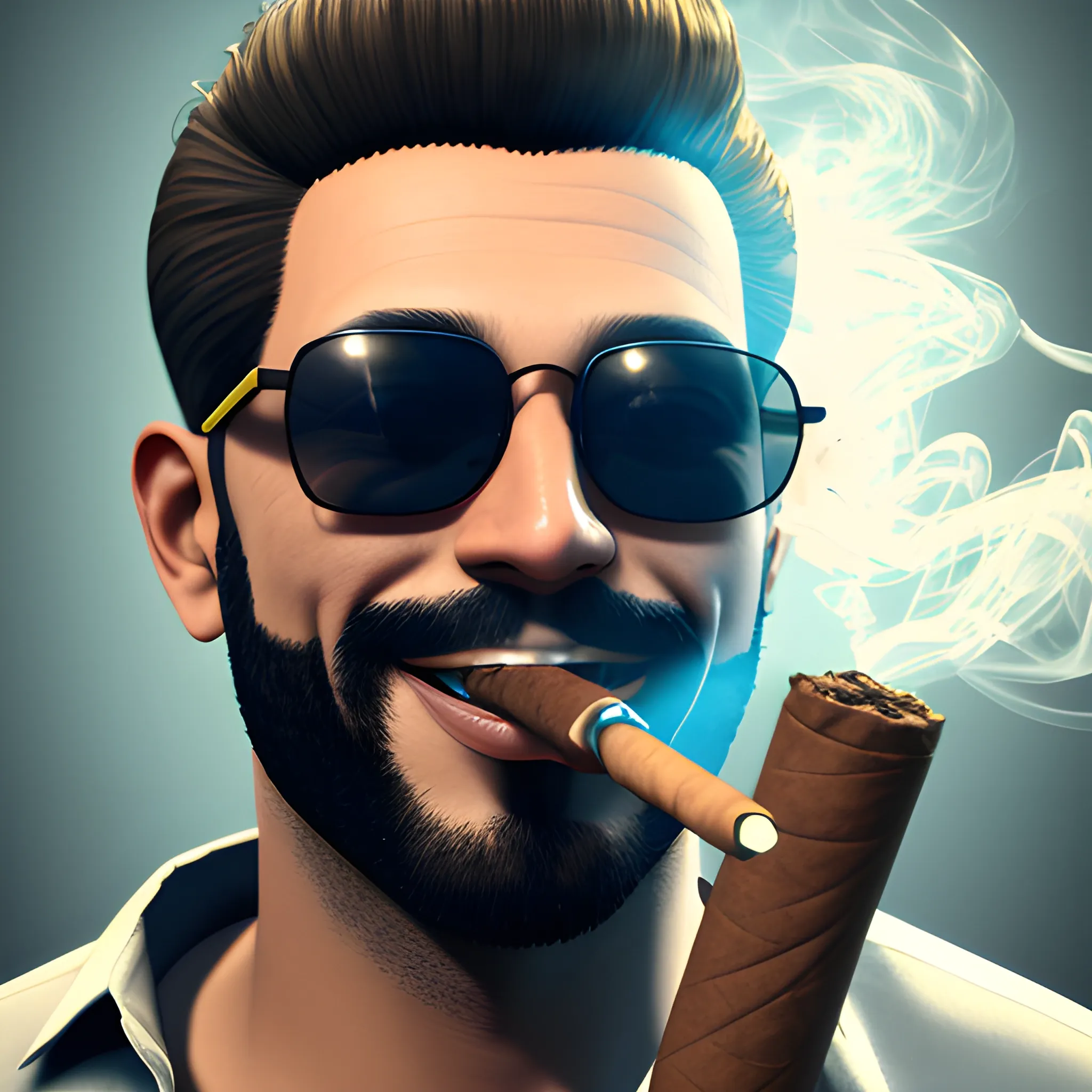 smiling man, cigar in mouth, smoking marijuana, 3D, sunglasses, 4k, realistic, unreal engine, weed