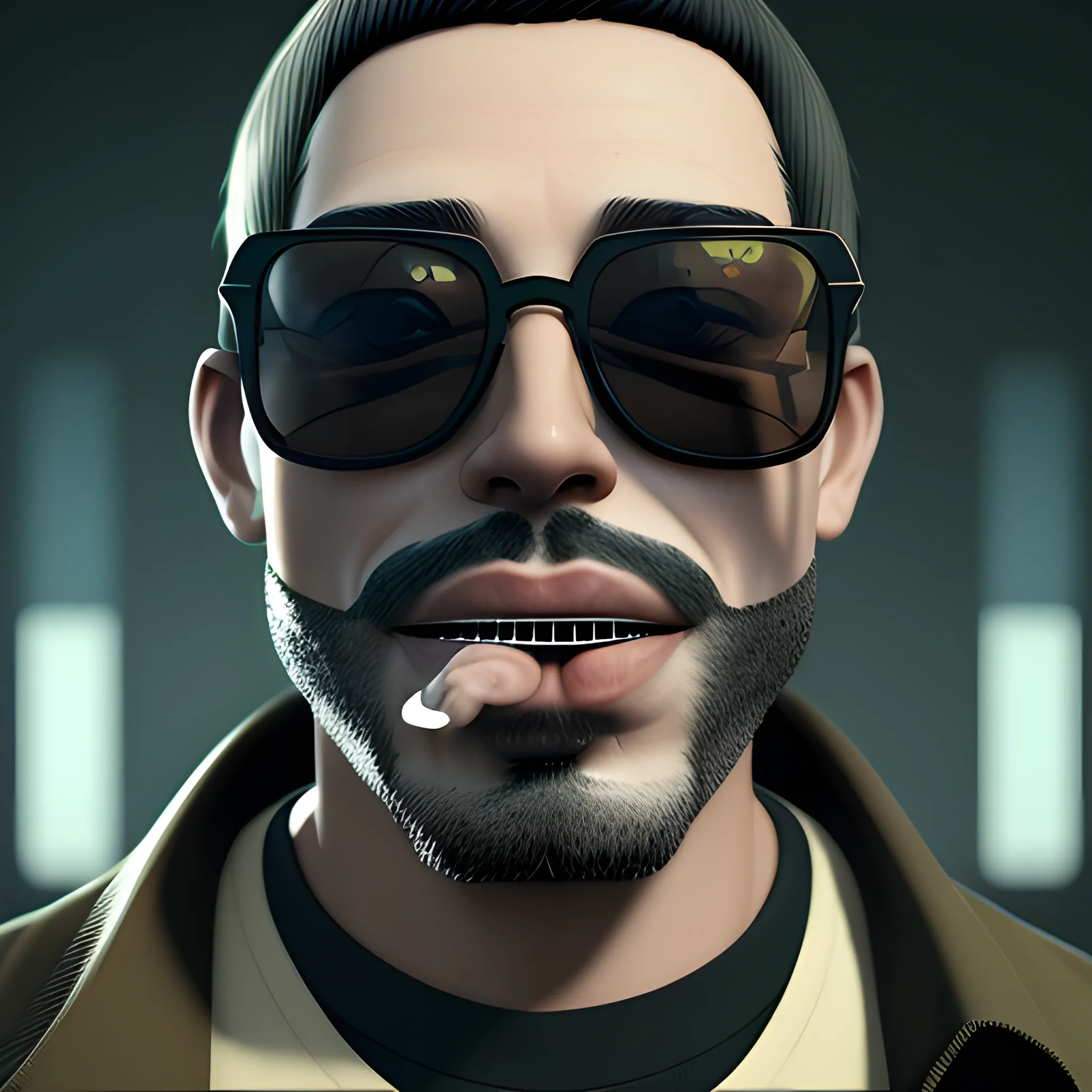 man, joint in mouth, smoking marijuana, 3D, sunglasses, 4k, realistic, unreal engine, weed, face forward