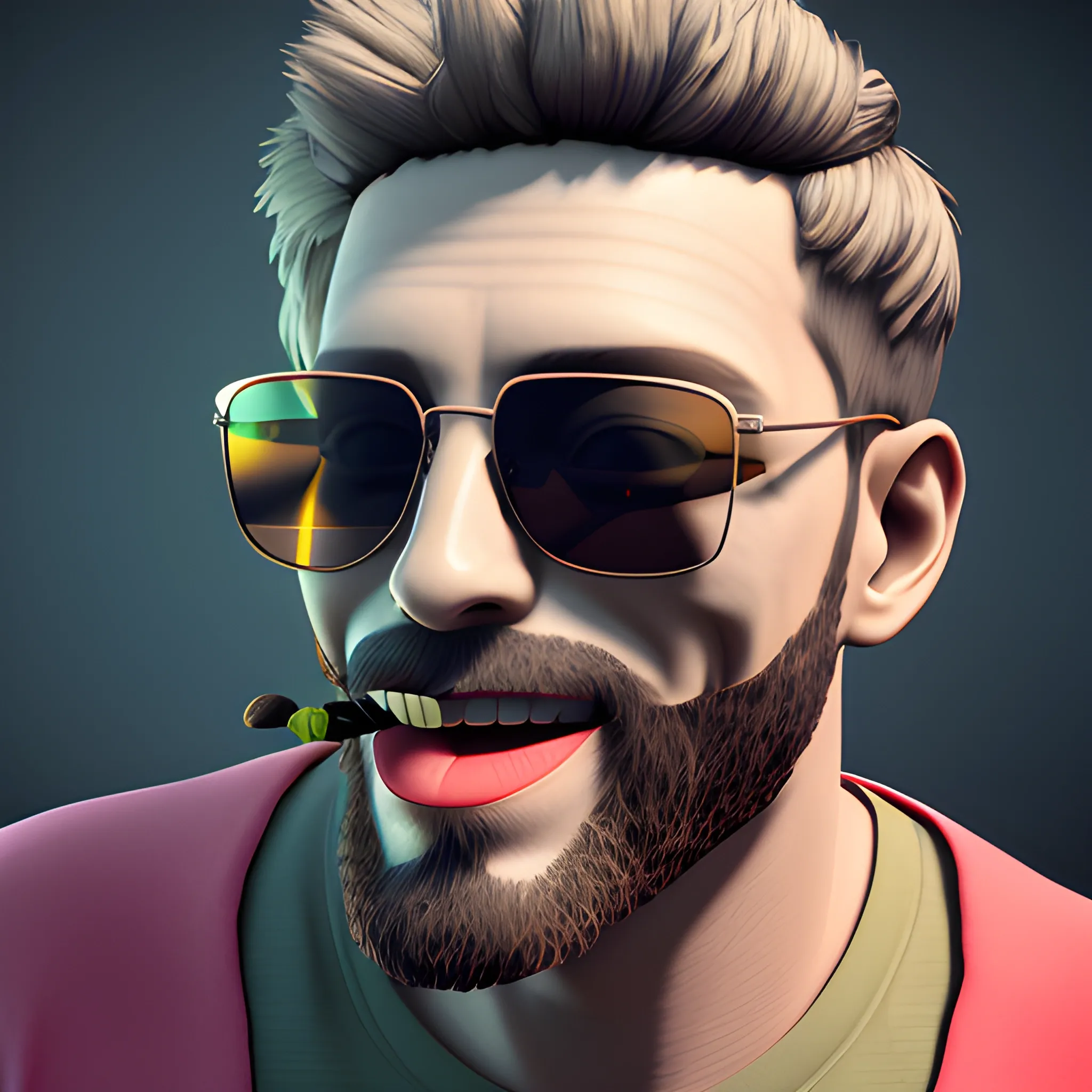man, joint in mouth, 3D, sunglasses, 4k, realistic, unreal engine, weed, happy, 3D, Trippy