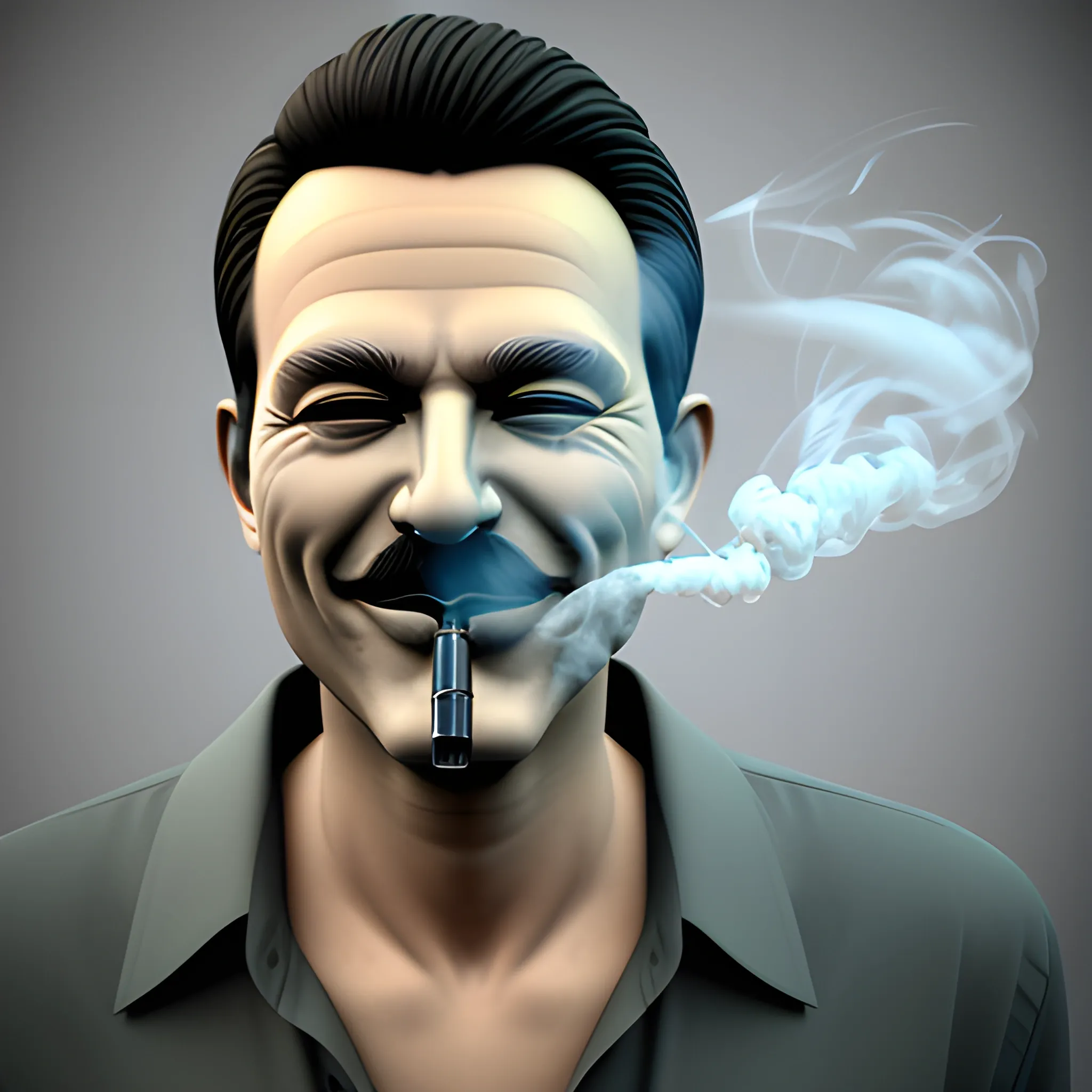 happy man smoking cigarette, 3D, face only