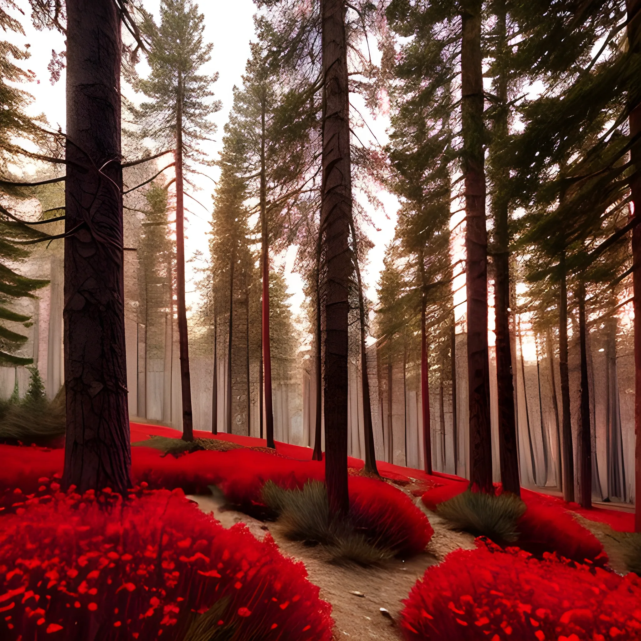 forest, cold lighting, pines, trees, withe flowers, red flowers