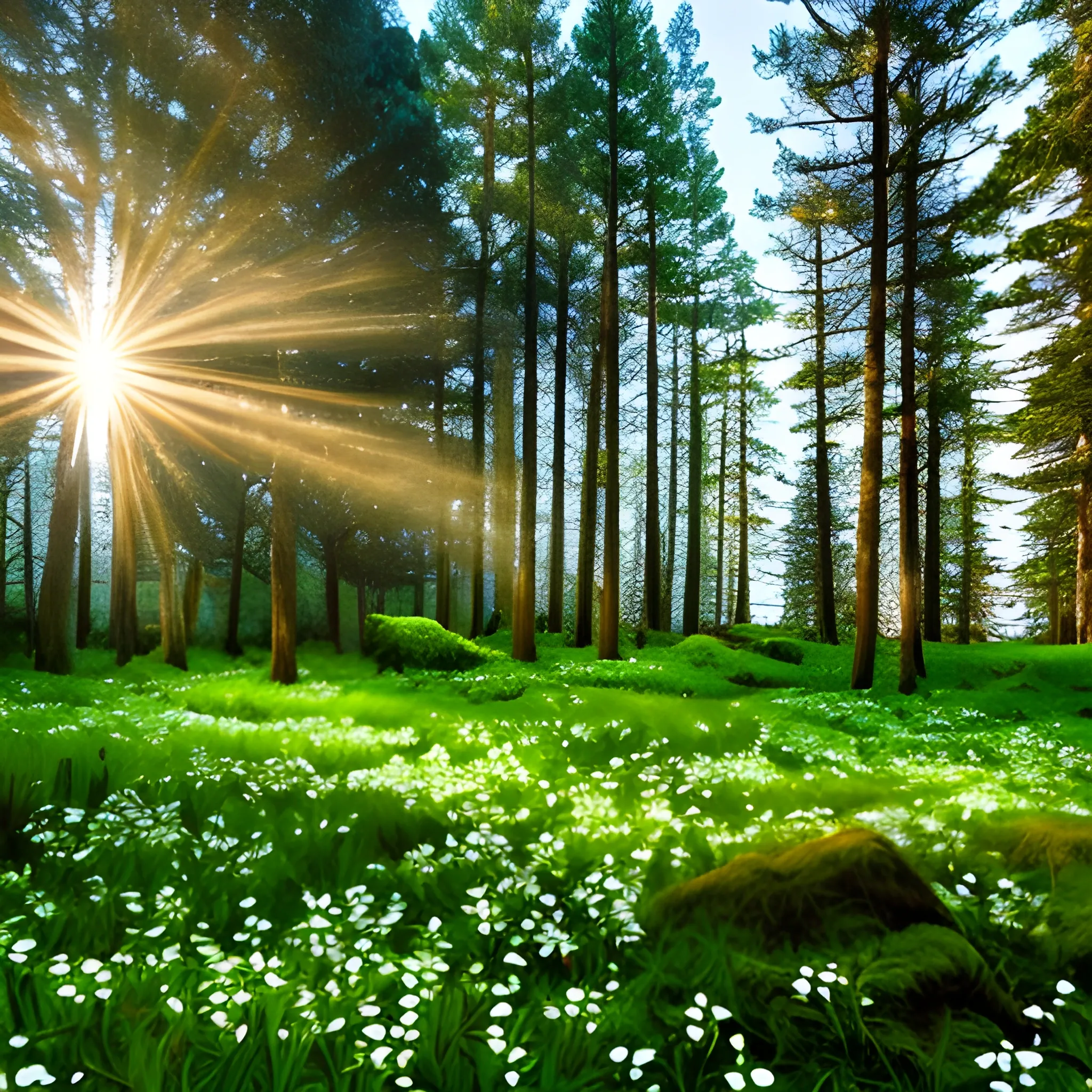 forest, pines, trees, white flowers, red flowers, grass and moss in the floor and trees, cold temperature with blue and green lighting with sun ray in the middle