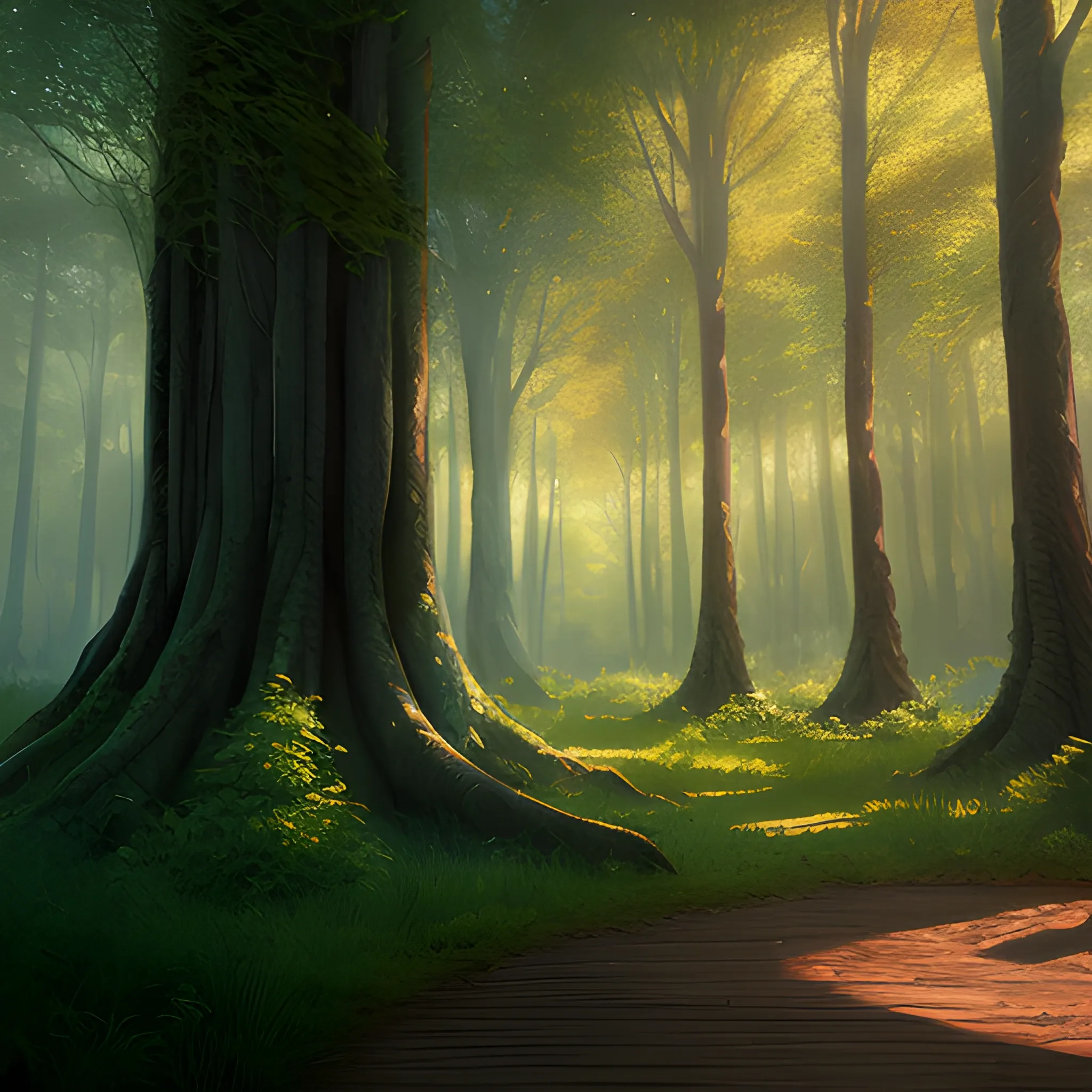 concept arte fantasy realistic wood, sorrounded by trees of green and brown, blue cinematic lighting, digital painting, arcane style