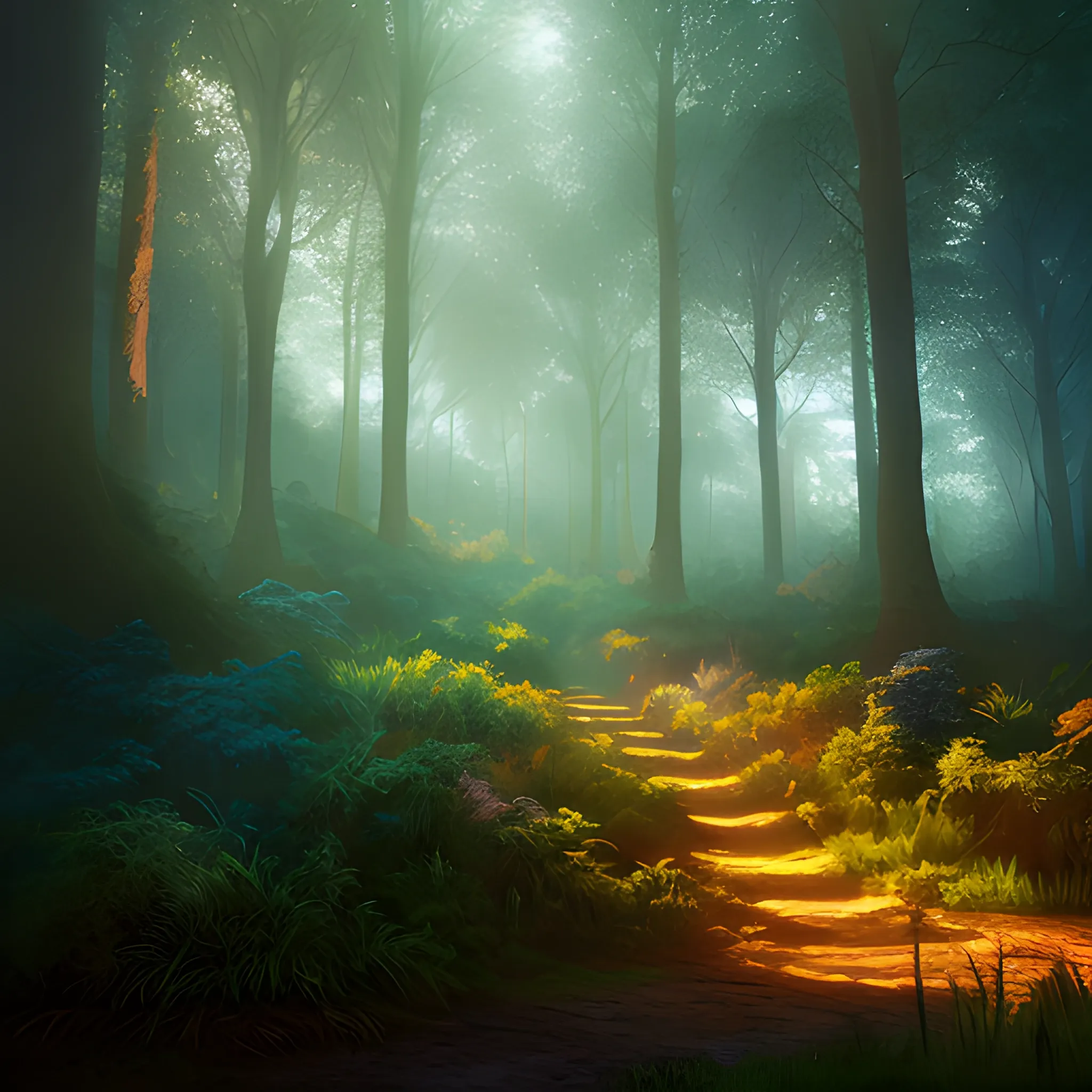 concept arte fantasy realistic wood, sorrounded by trees of green and brown, blue cinematic lighting, digital painting, arcane style, volumetric lighting in the middle of the forest, forest background