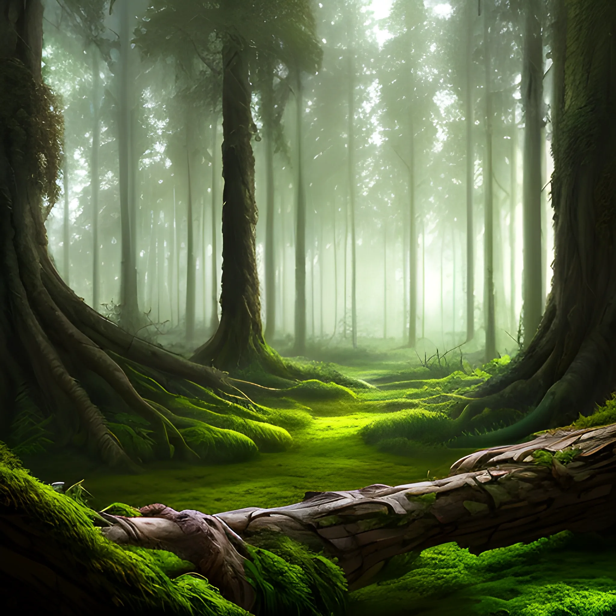 concept arte fantasy realistic wood, sorrounded by trees of green and brown, blue cinematic lighting, digital painting, arcane style, volumetric lighting in the middle of the forest, forest background, fallen trunk in the foreground on the left side with moss on top