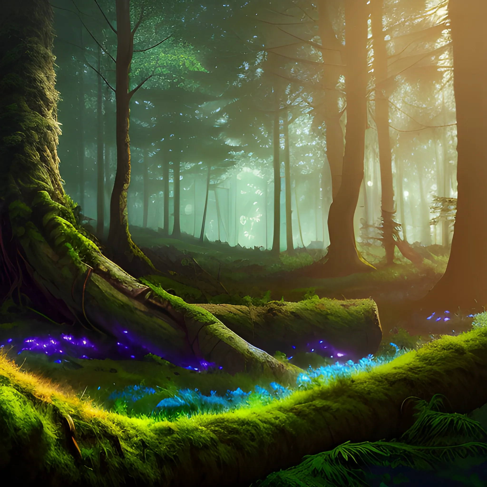 concept arte fantasy realistic wood, sorrounded by trees of green and brown, blue cinematic lighting, digital painting, arcane style, volumetric lighting in the middle of the forest, forest background, fallen trunk in the foreground on the left side with moss on top, blue background light