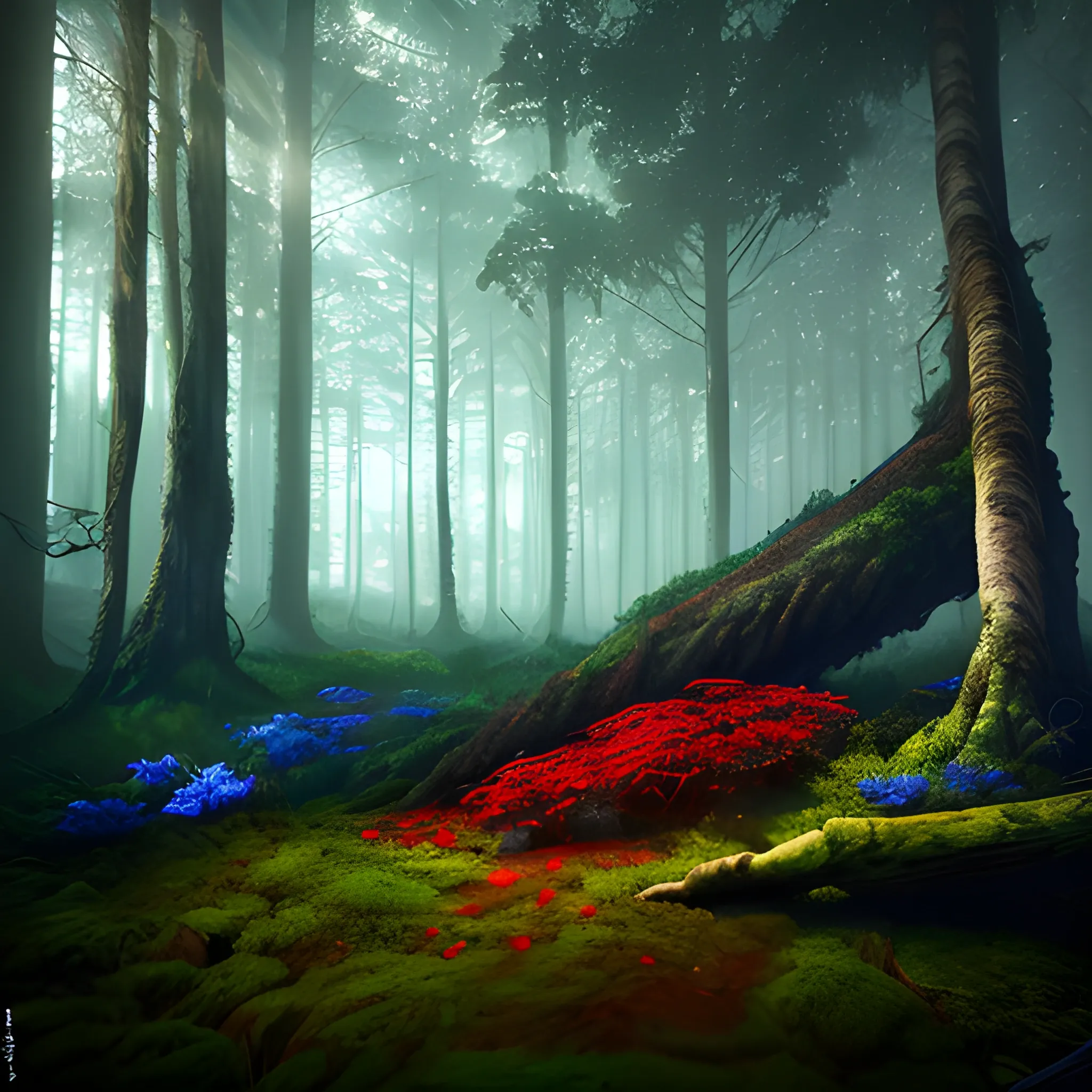 concept arte fantasy realistic wood, sorrounded by trees of green and brown, blue cinematic lighting, digital painting, arcane style, volumetric lighting in the middle of the forest, forest background, fallen trunk in the foreground on the left side with moss on top, blue background light, white and red flowers