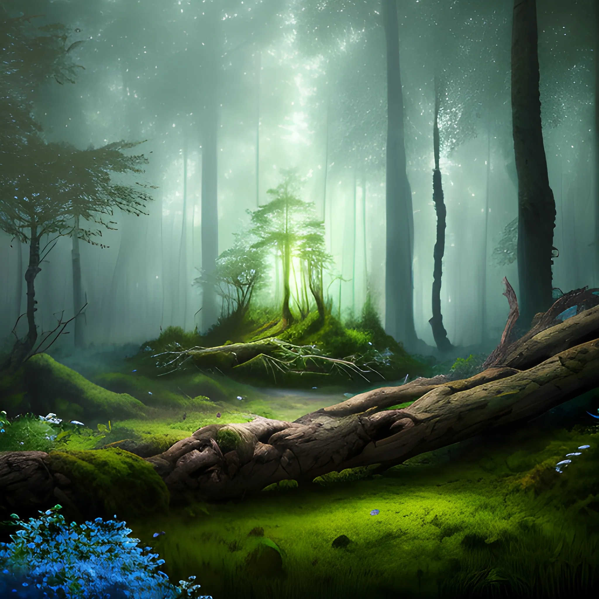 concept arte fantasy realistic wood, sorrounded by trees of green and brown, blue cinematic lighting, digital painting, arcane style, volumetric lighting in the middle of the forest, forest background, fallen trunk in the foreground on the left side with moss on top, blue background, white flowers