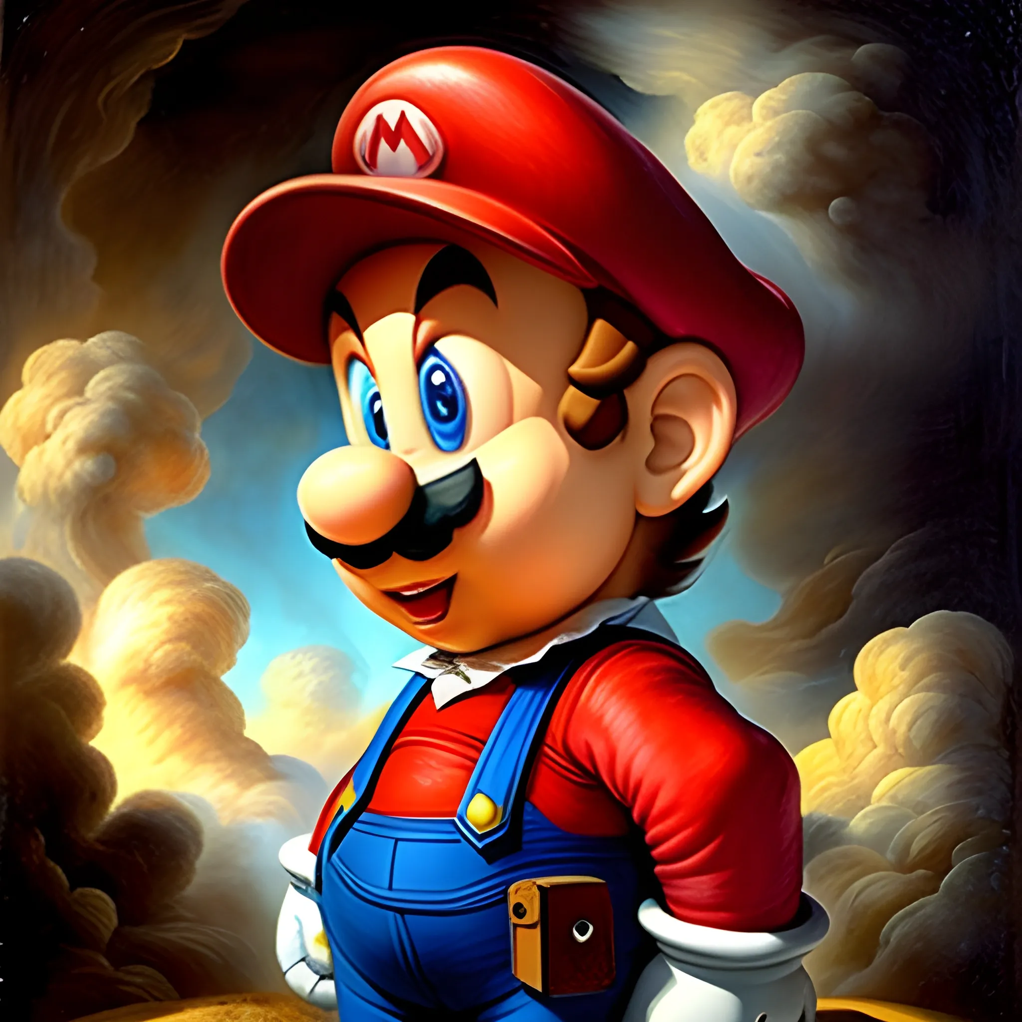 mario bross sobre una nube en un precipicio, art by rembrandt