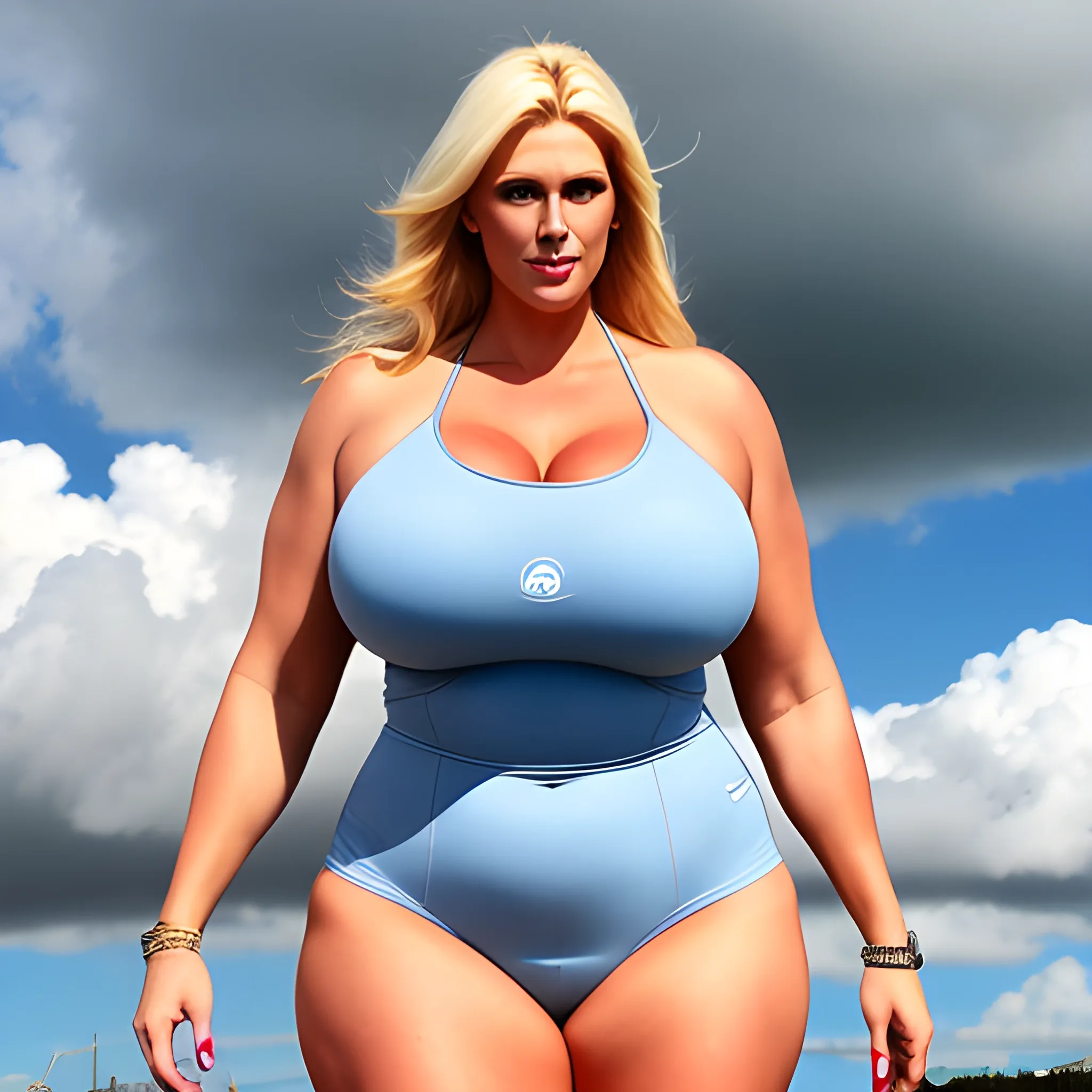 tall huge fullslim blonde girl with friendly face and massive body standing under clouds 