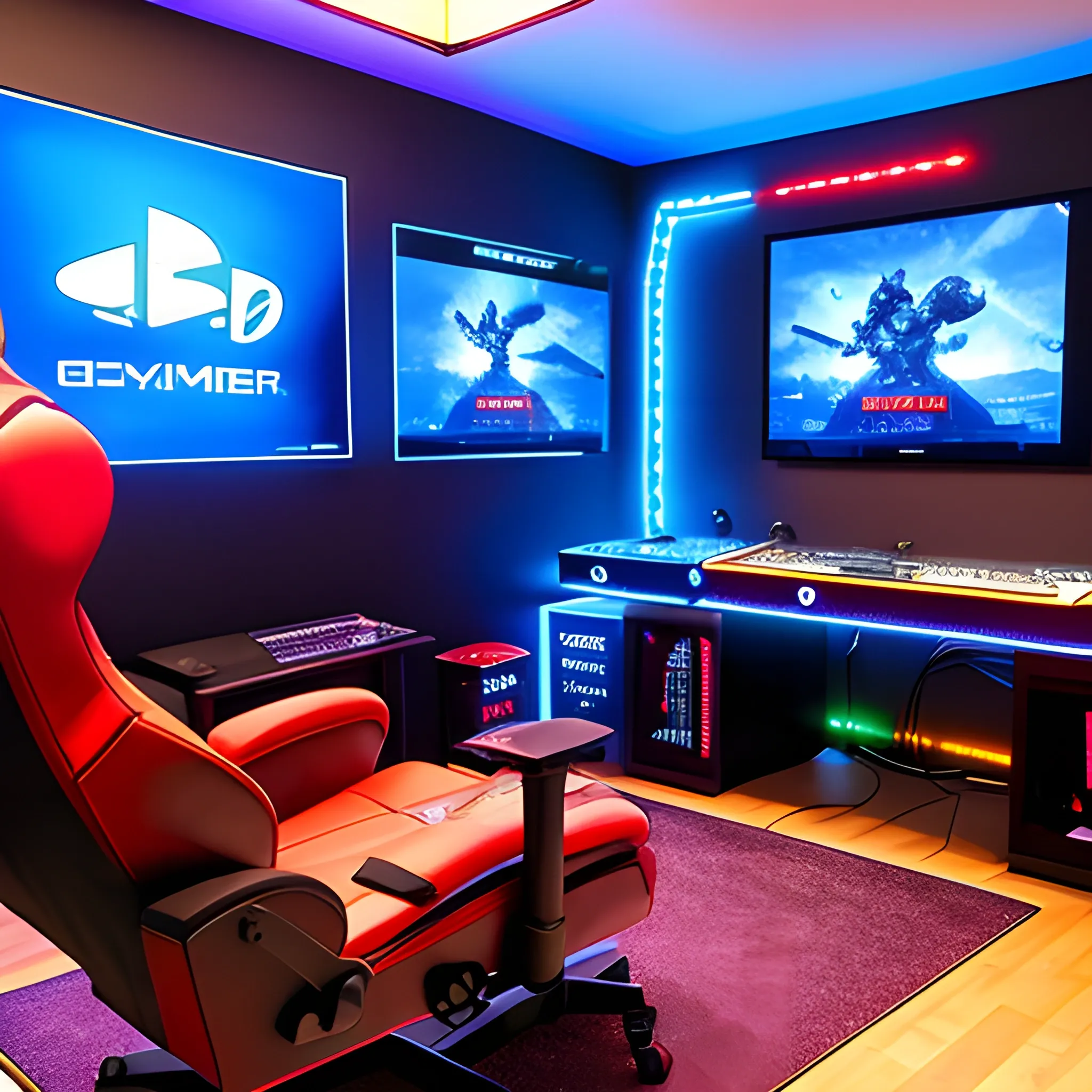 A gamer room with many video game consoles and led lights and that has a gamer chair with its desk and a PC.
