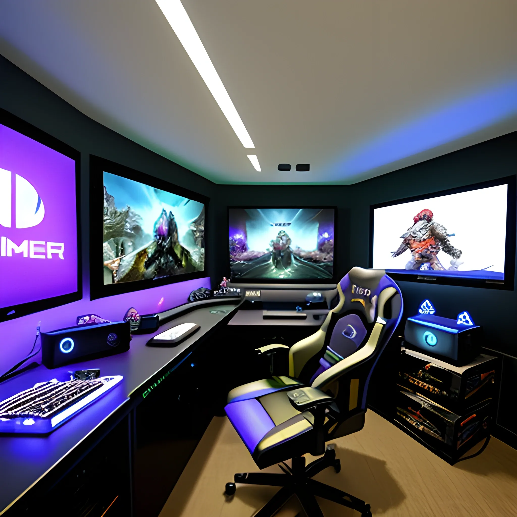 A gamer room with many video game consoles and led lights and that has a gamer chair with its desk and a PC.
