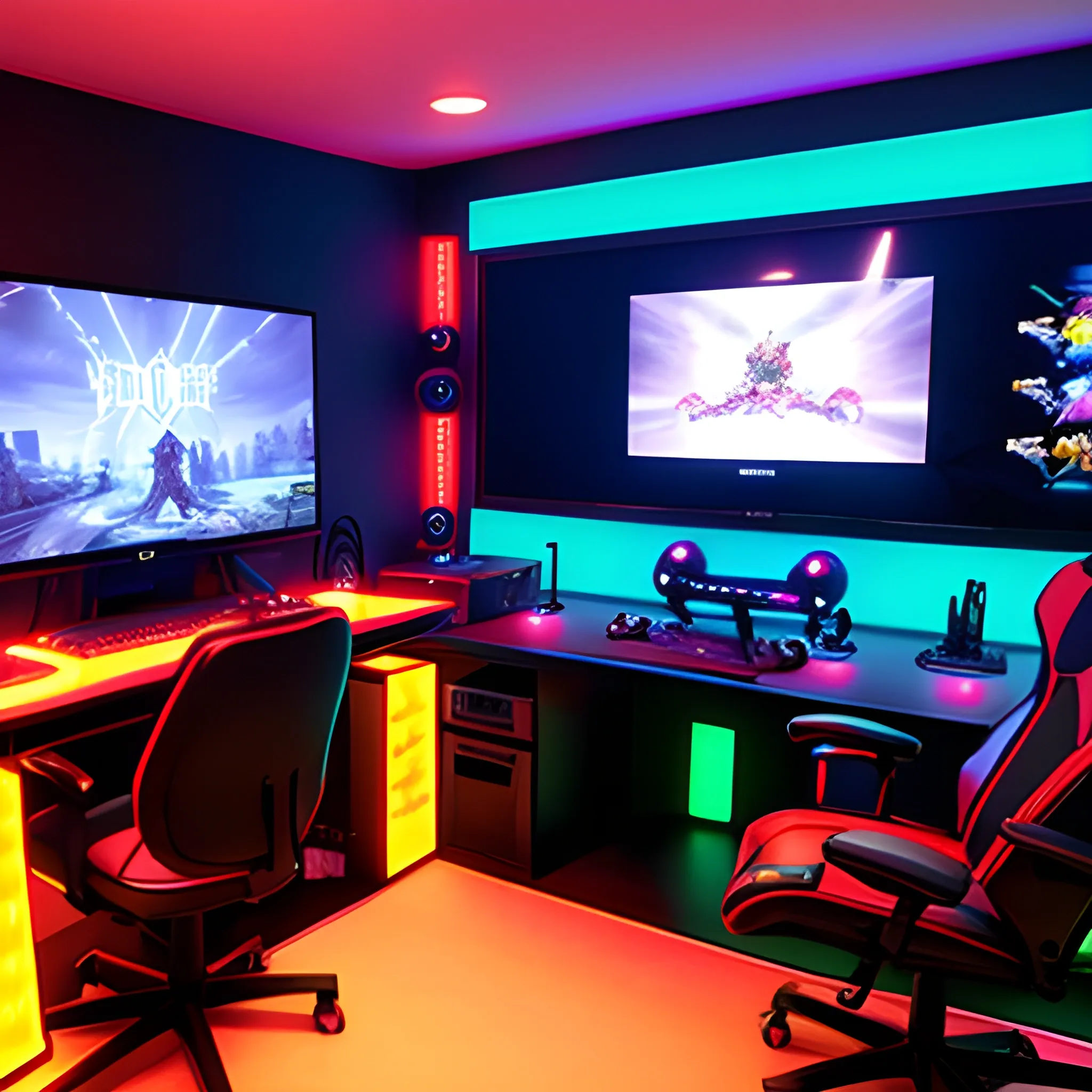 A gamer room with many video game consoles and led lights and that has a gamer chair with its desk and a PC.
