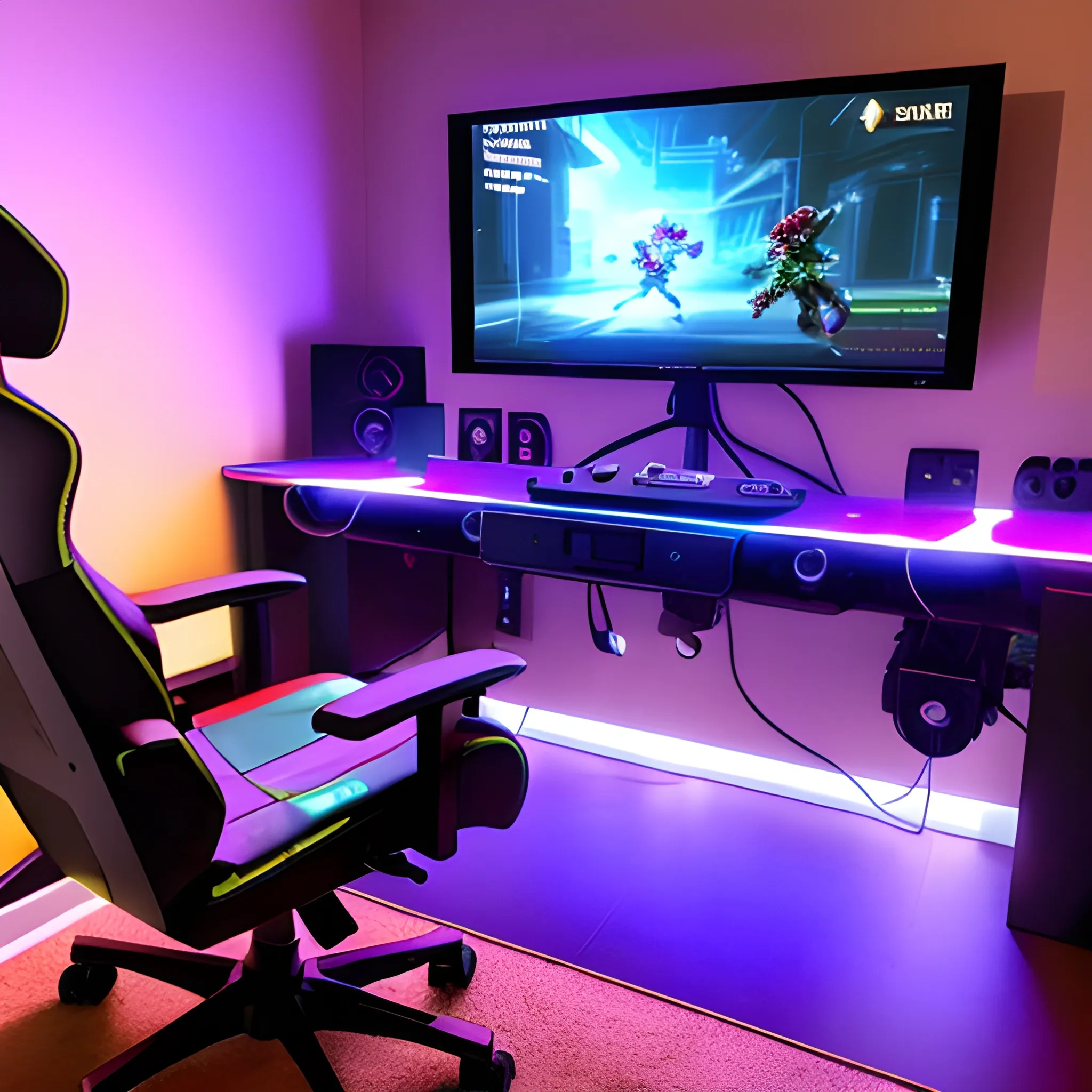 a gamer room with many video game consoles and led lights and that has a gamer chair with its desk and a pc and that next to it has an  nintendo switch.
