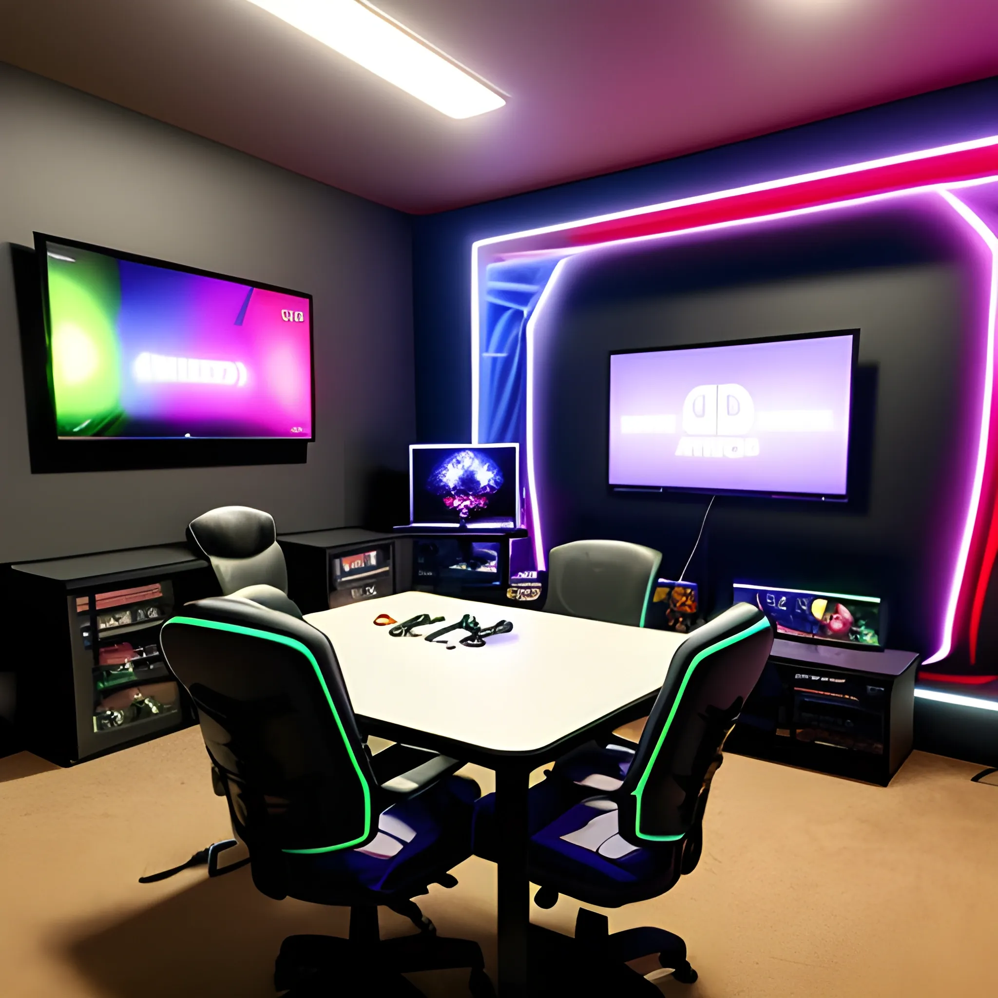 a gamer room with many video game consoles and led lights and that has a gamer chair with its desk and a pc and that next to it has an  nintendo switch.
