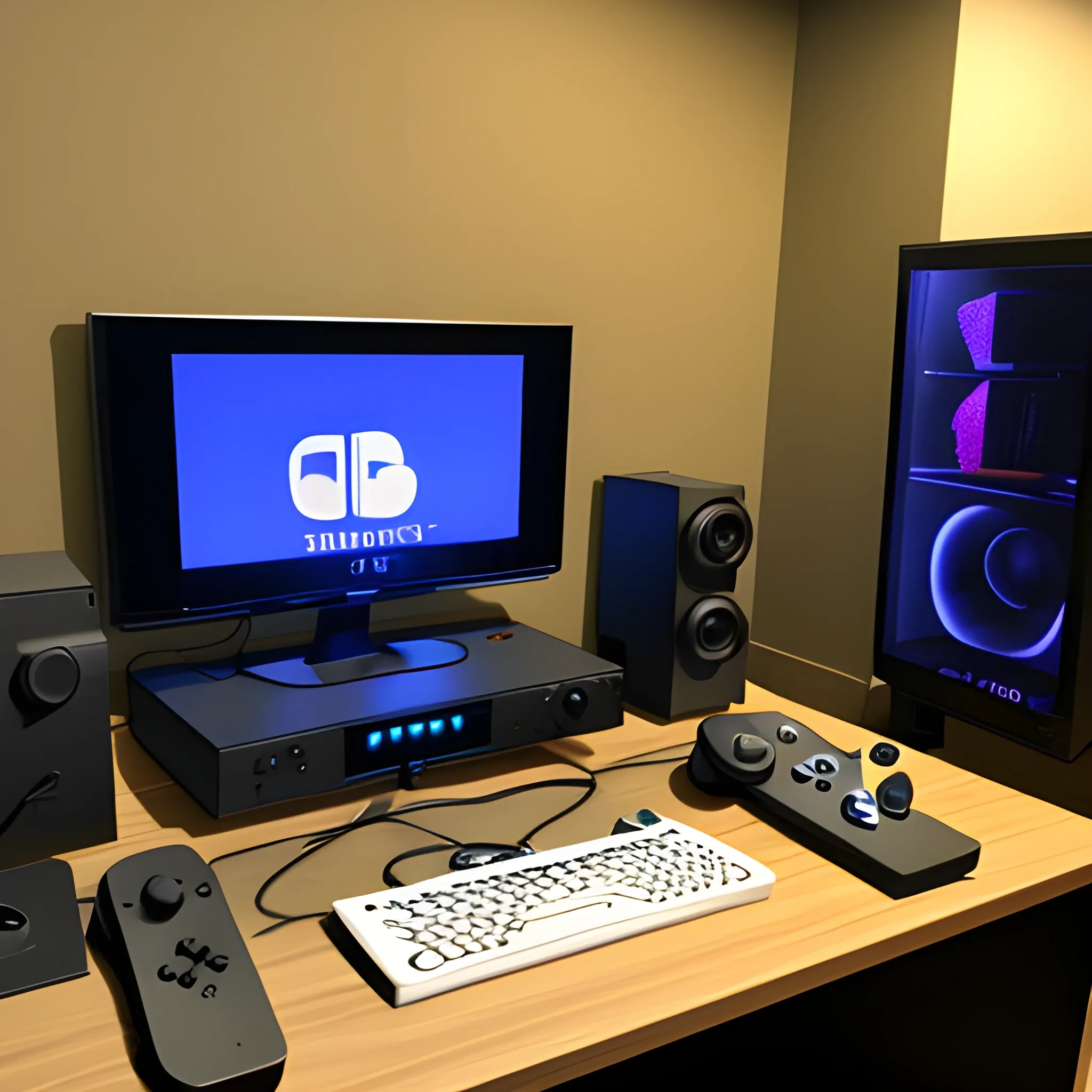 a gamer room with many video game consoles and led lights and that has a gamer chair with its desk and a pc and that next to it has an  nintendo switch.
