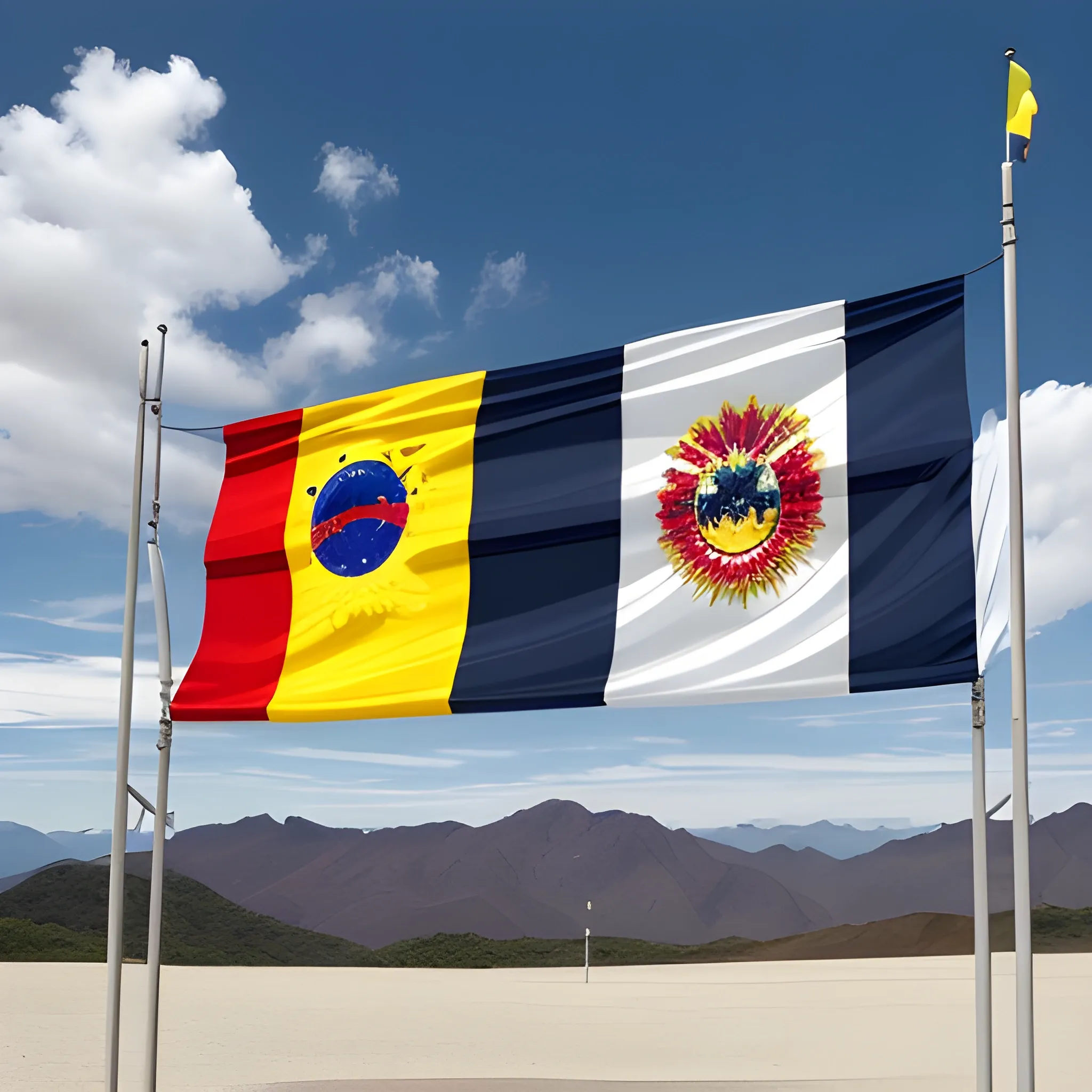 a flag that brings together the flags of Chile, Colombia, Venezuela in a linear way, 3D