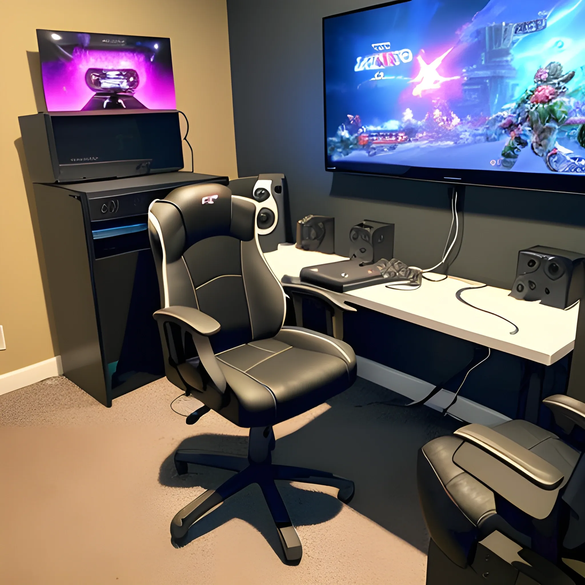 a gamer room with many video game consoles and led lights and that has a gamer chair with its desk and a pc and that next to it has an  nintendo switch.
