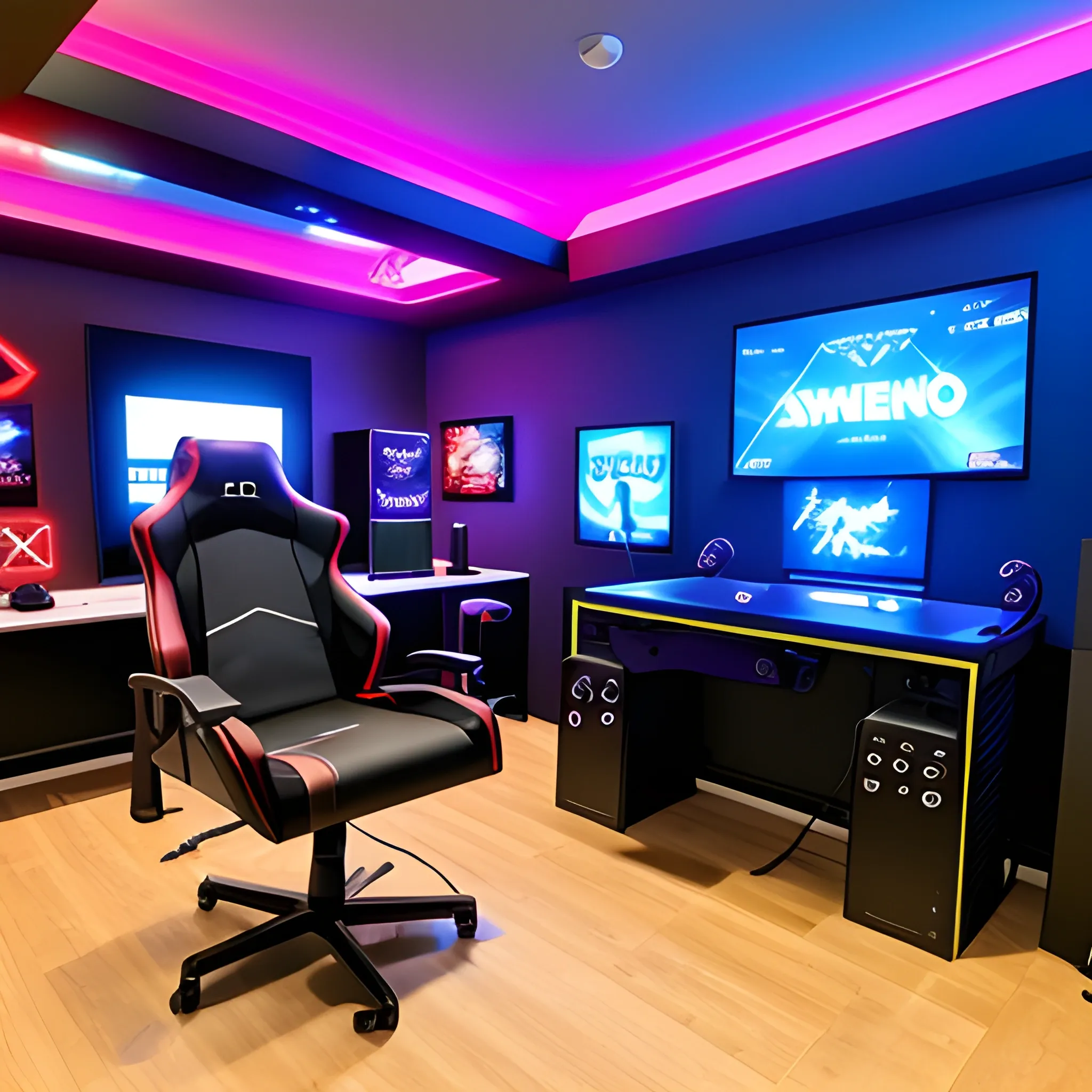 a gamer room with many video game consoles and led lights and that has a gamer chair with its desk and a pc and that next to it has an  nintendo switch.
