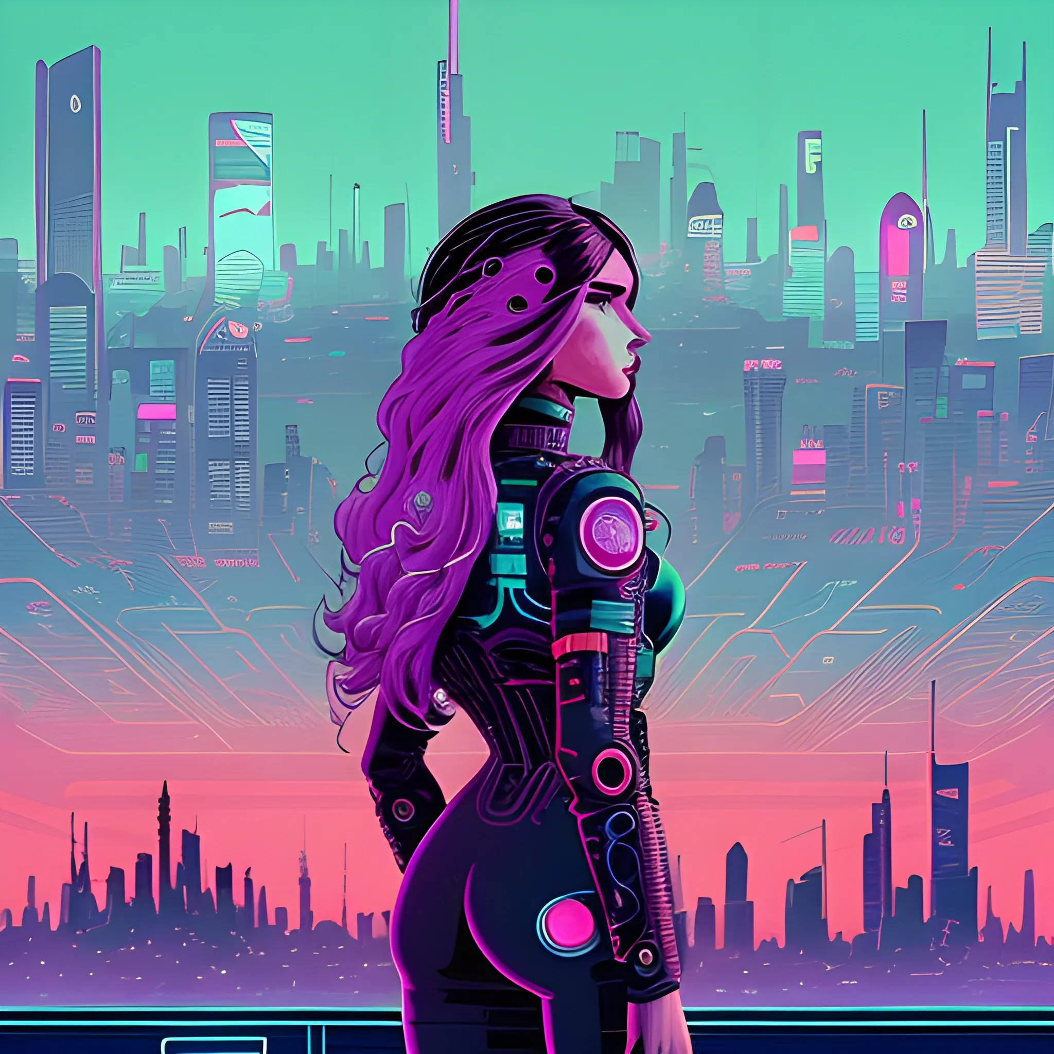 a woman with long hair and a city skyline in the background, cyb