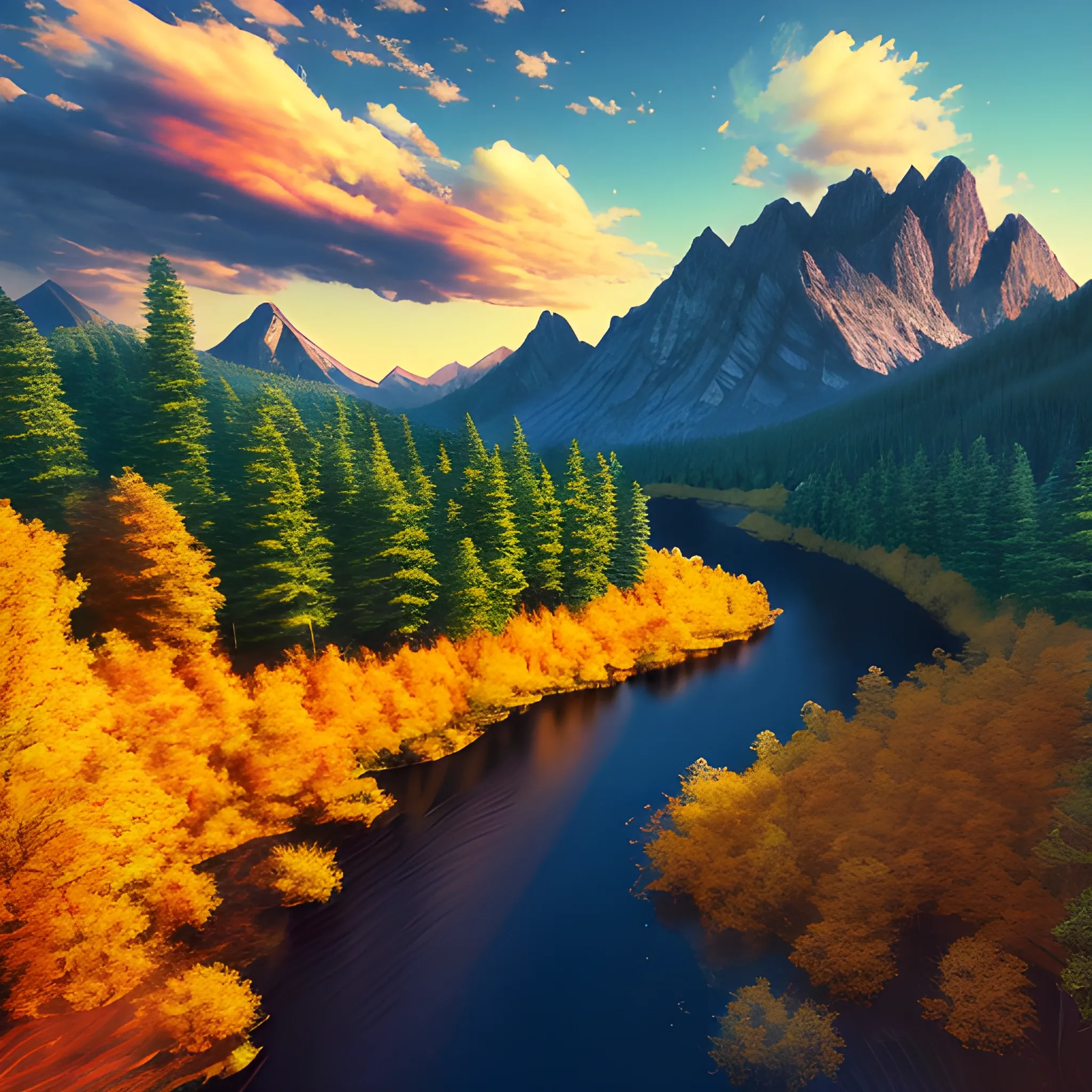 Colorful landscape, black river, gold clouds, background mountains, blue forest, realistic, 4k, high definition, 3D