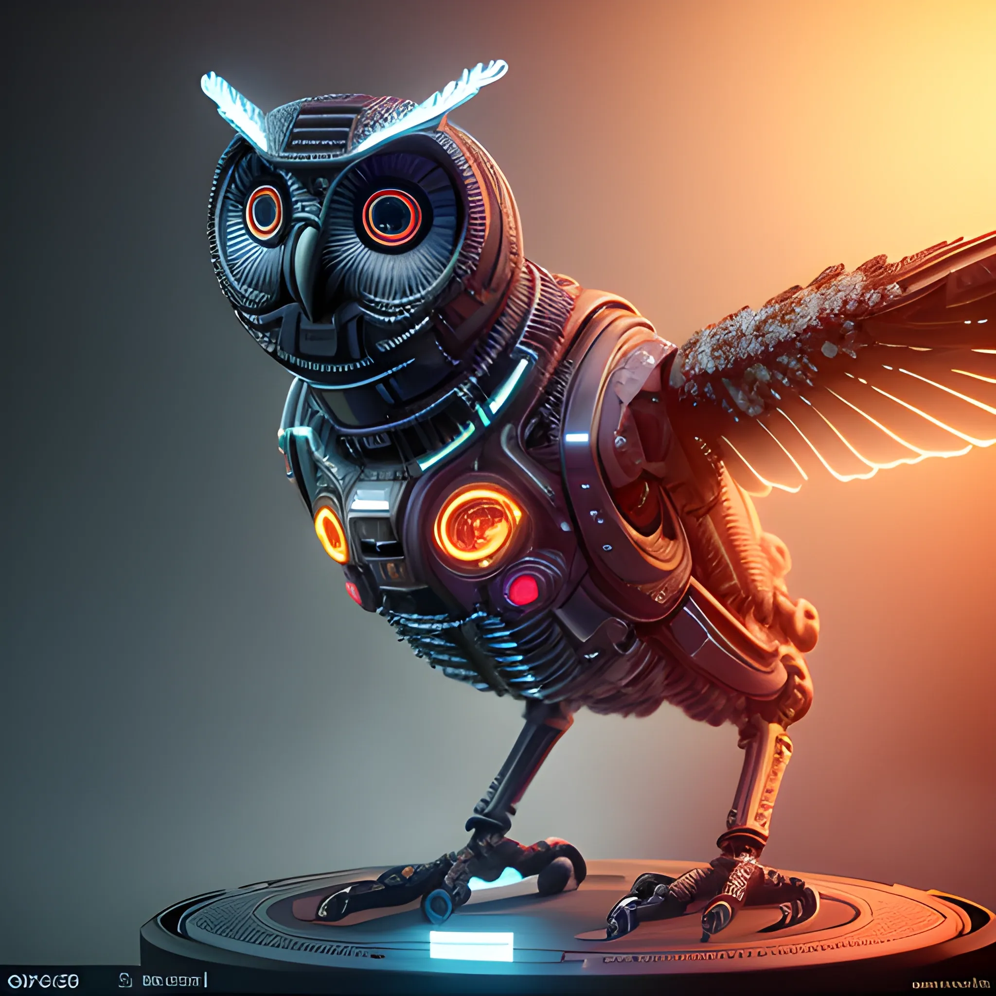 A complex 3D render of a cyborg owl in the night, wings spreaded, dead-center in frame, robotic parts, microchip, ultra detailed wires and cog wheels, lace, electric cables, in a cyberpunk city, furious expression, eyes glowing, breathing smoke, vibrant, esport, epic, celestial, moody, cinematic lighting, 150 mm, lens flare, highly detailed, sharp focus, octane render, HDRI, intense, dramatic, warm colors, fiery effect, professional, IMAX, dark studio, low key, high contrast, flawless detail, award-winning, expertly crafted, detailed pupils, colour grading, post-processed, rim light, hyperrealistic