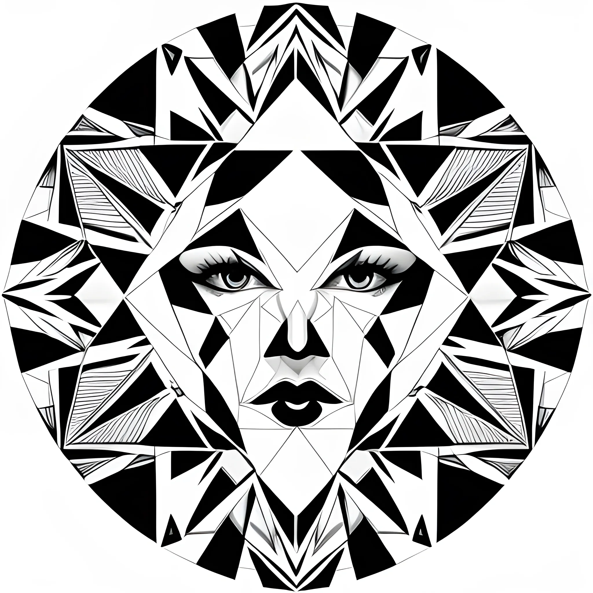 a gestalt image using black and fine white lines and triangles creating a face ilussion