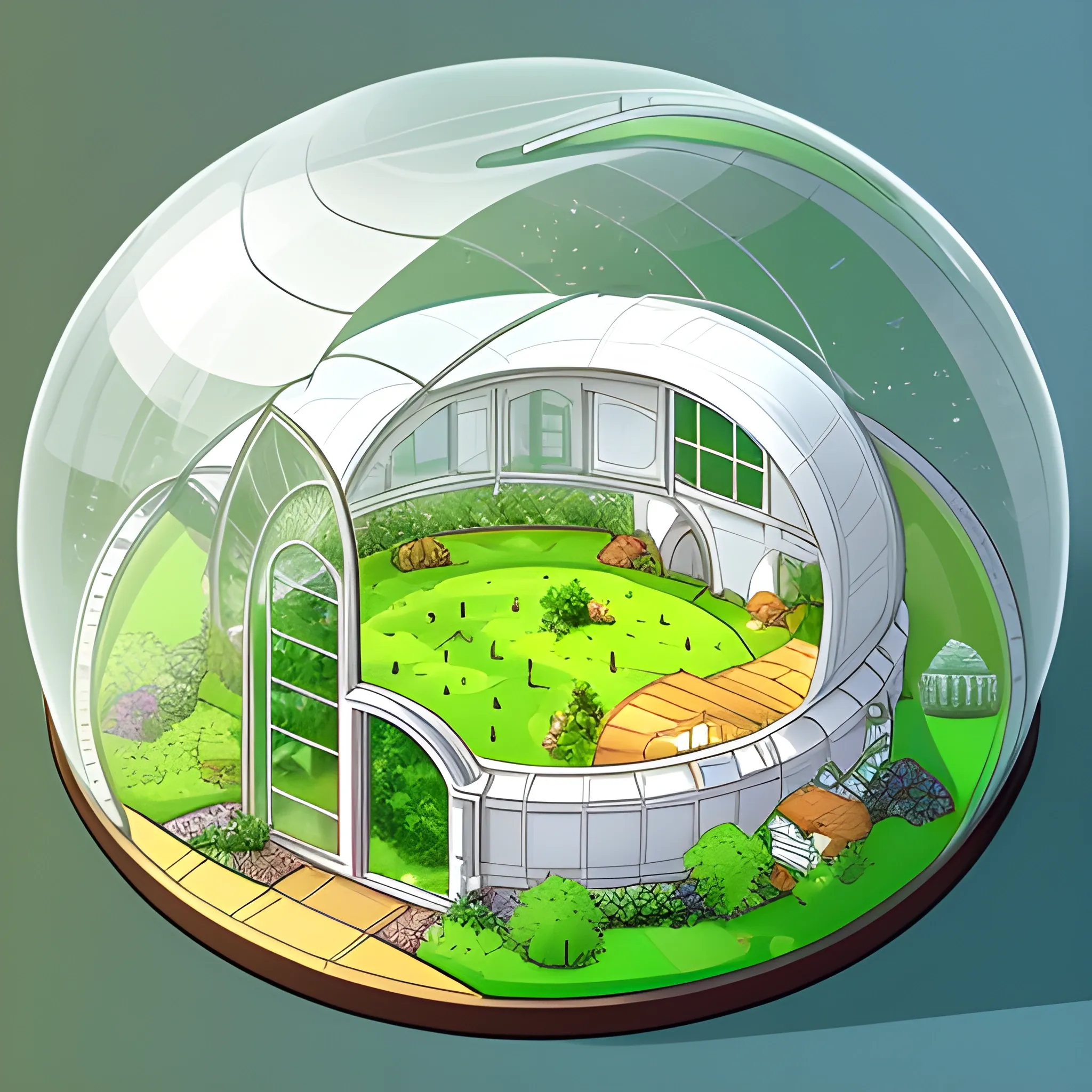 draw isometric hydroponic building with round glass dome in sci-fi style. Glass dome should cover the farm completely. Use green as a dominant color. Make picture background white