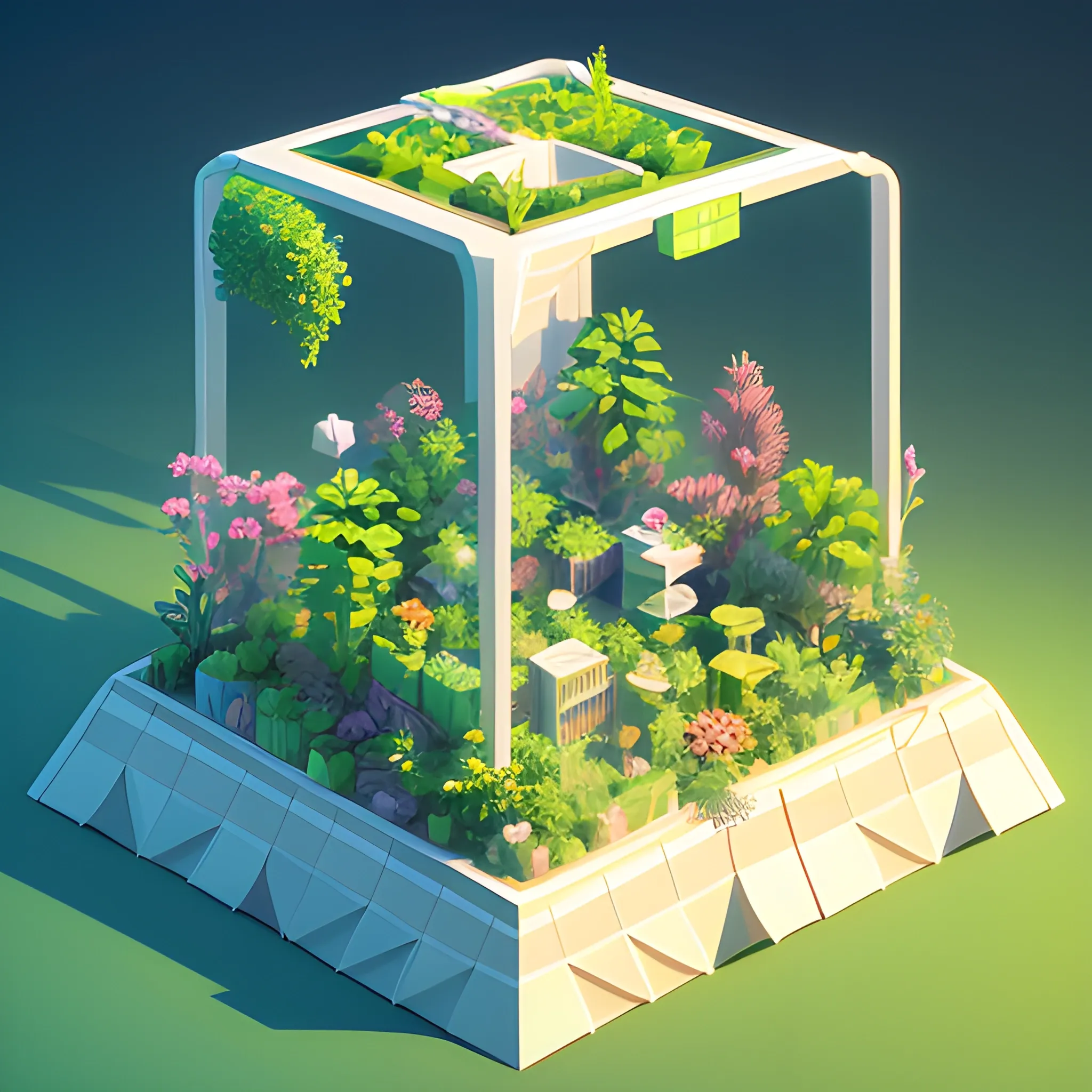 a low poly isometric render of sci-fi hydroponic farm in cartoon style, floral!, intricate, elegant, smooth shading, soft lighting, illustration, simple, solid shapes, by magali villeneuve, jeremy lipkin and michael garmash, rob rey and kentaro miura style, octane render 