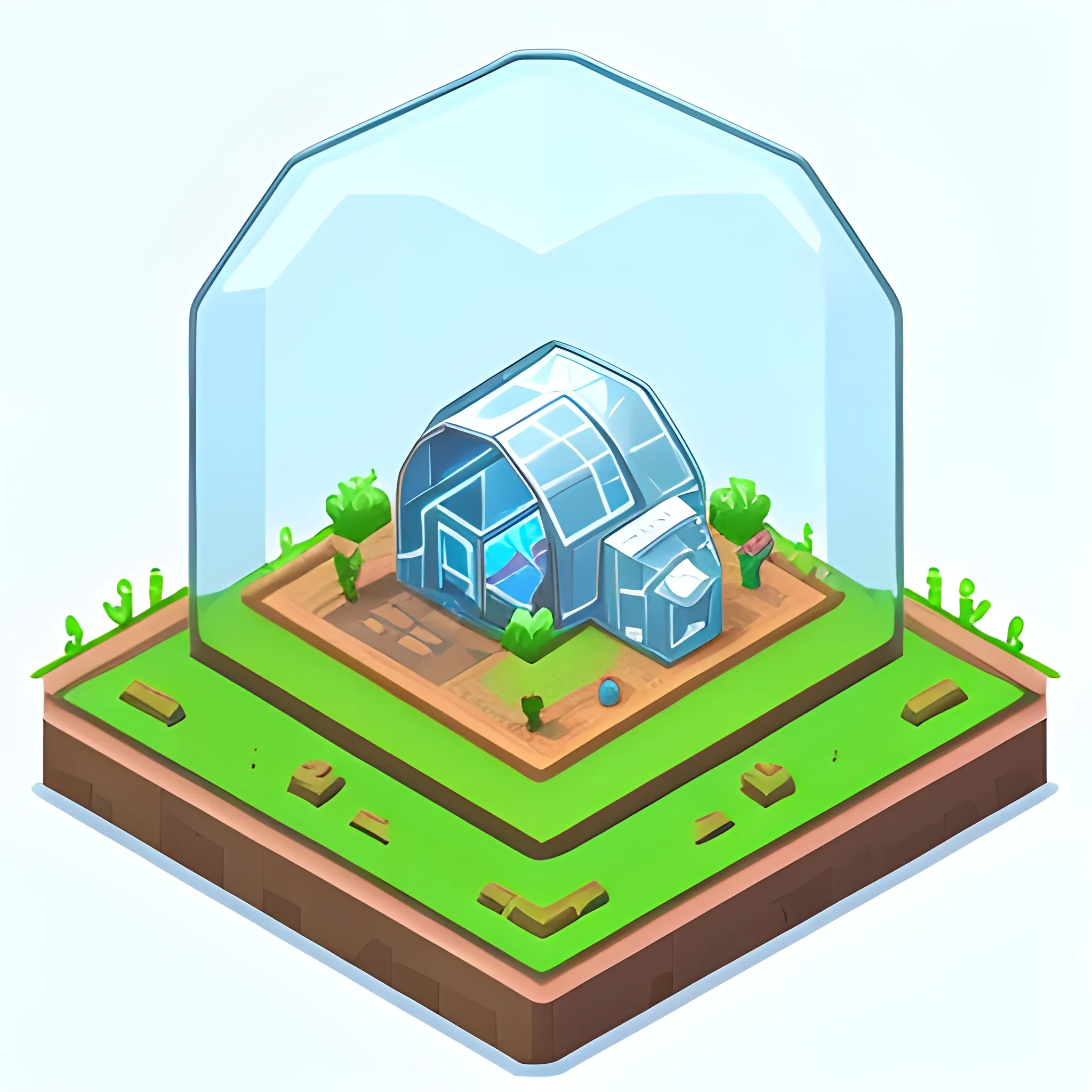 3d isometric icon for sci-fi hydropinic farm consisting of one glass dome with white background, game design assets, hyperrealistic style